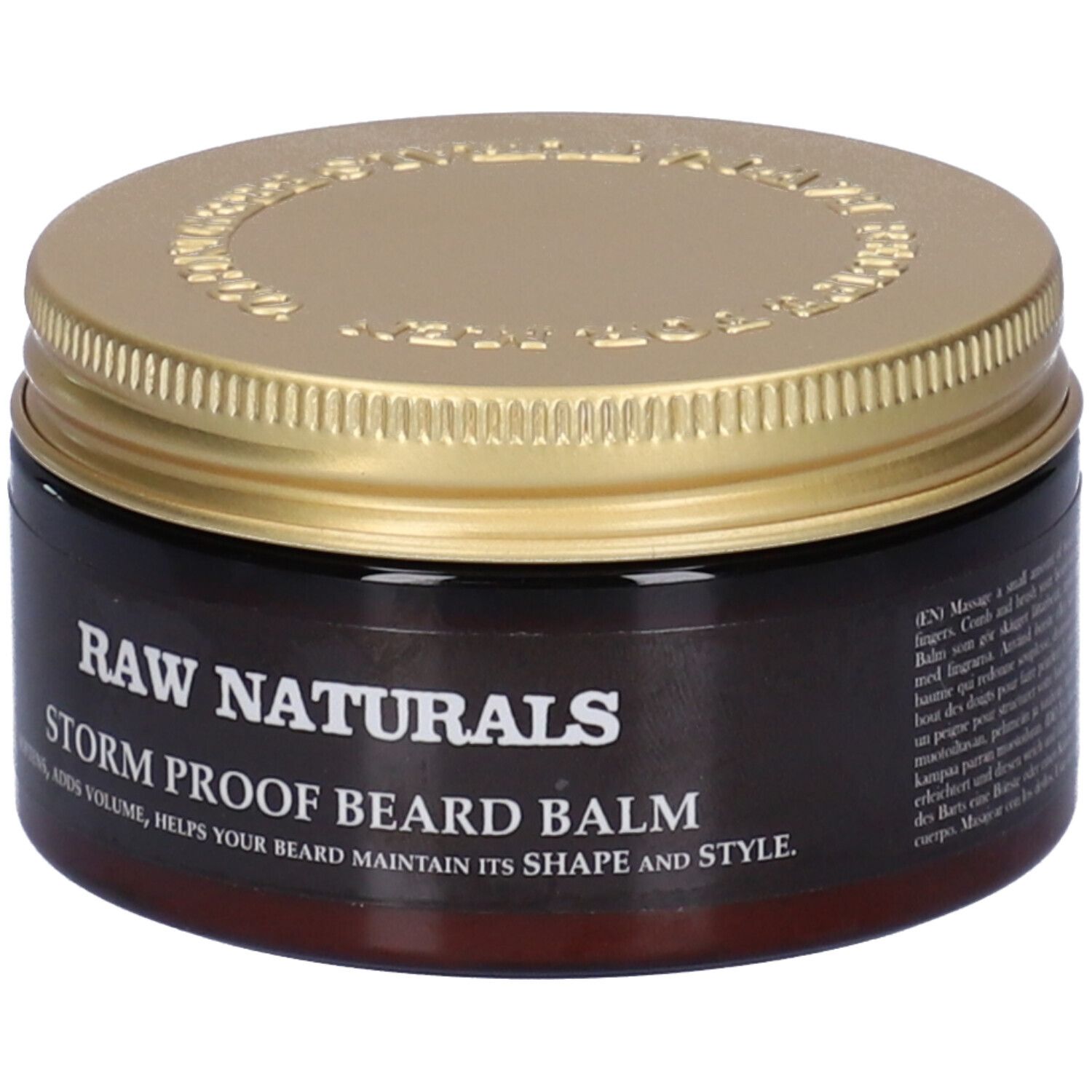 Barattolo marrone con coperchio dorato. Scritta: RAW NATURALS STORM PROOF BEARD BALM. Ammorbidisce, aggiunge volume, aiuta a mantenere la forma della barba.