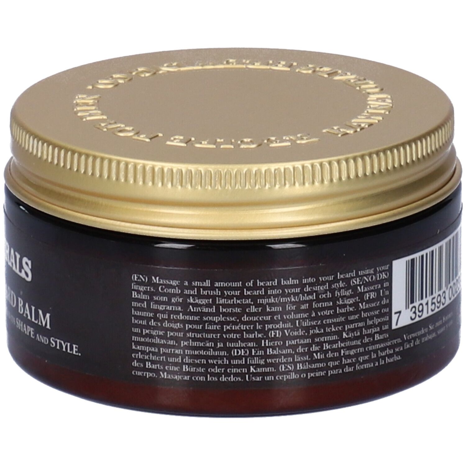 Barattolo marrone con coperchio dorato. Scritta: RAW NATURALS STORM PROOF BEARD BALM. Testo: Istruzioni per l'uso in più lingue.