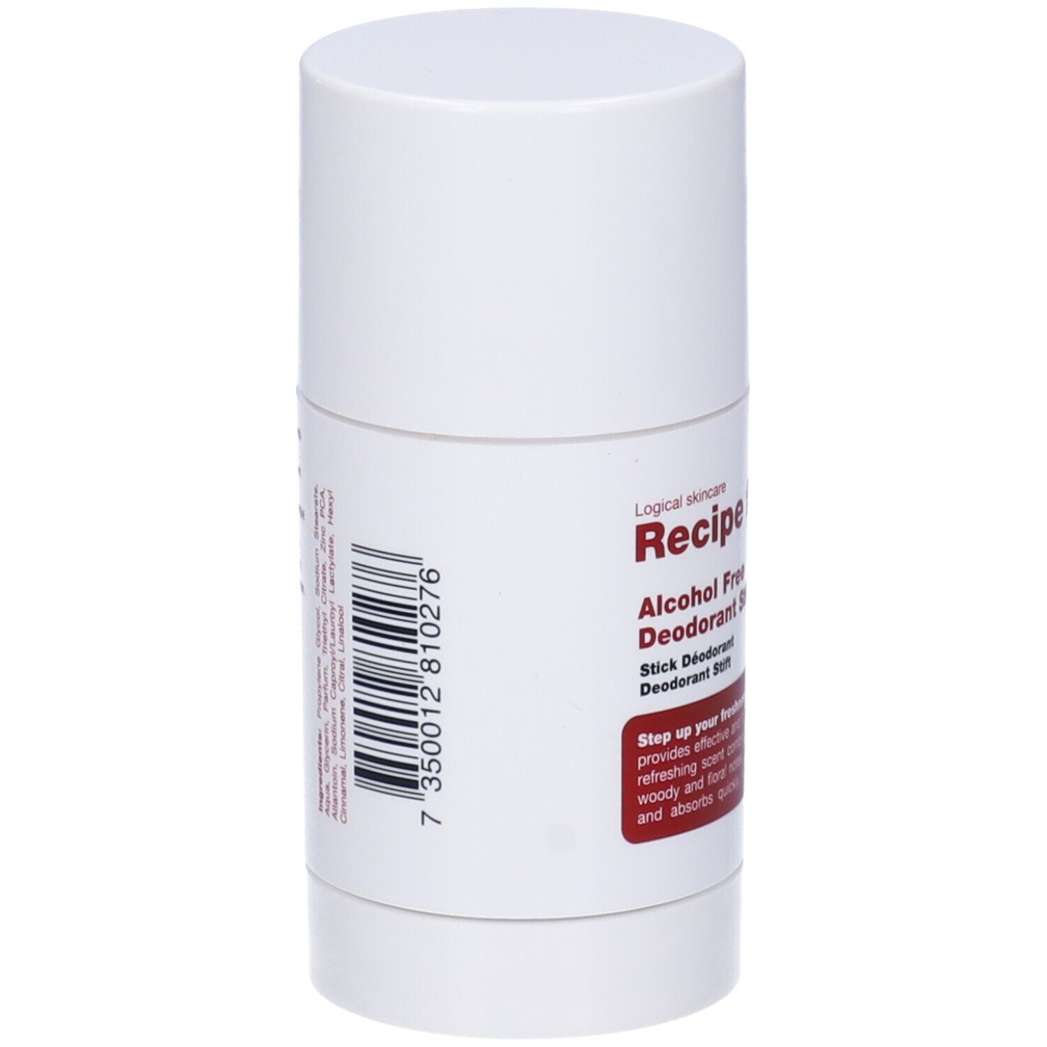 Stick deodorante bianco. Codice a barre e testo sul retro. Scritta: Recipe for men, Alcohol Free Deodorant Stick.