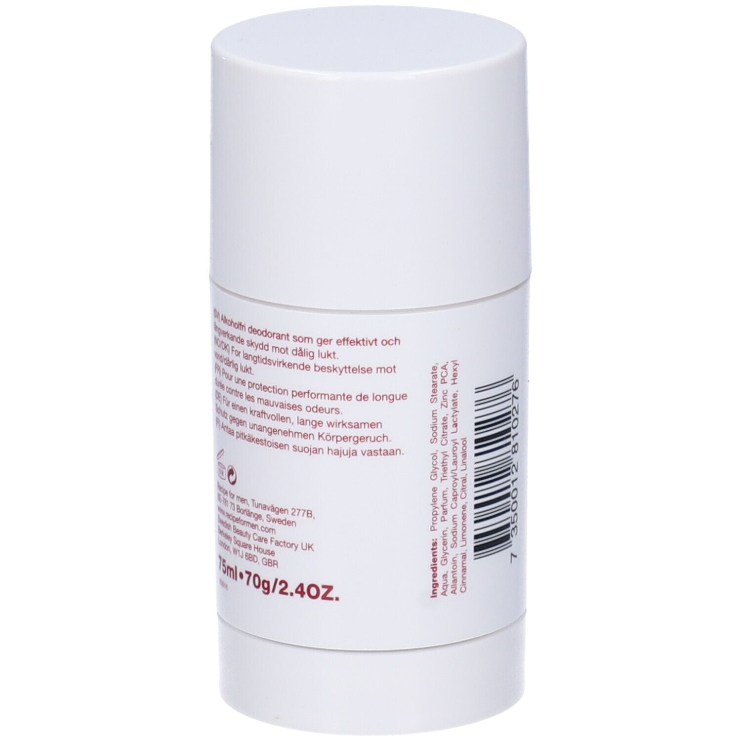 Stick deodorante bianco. Testo sul retro. Scritta: Recipe for men, Alcohol Free Deodorant Stick. Ingredienti.