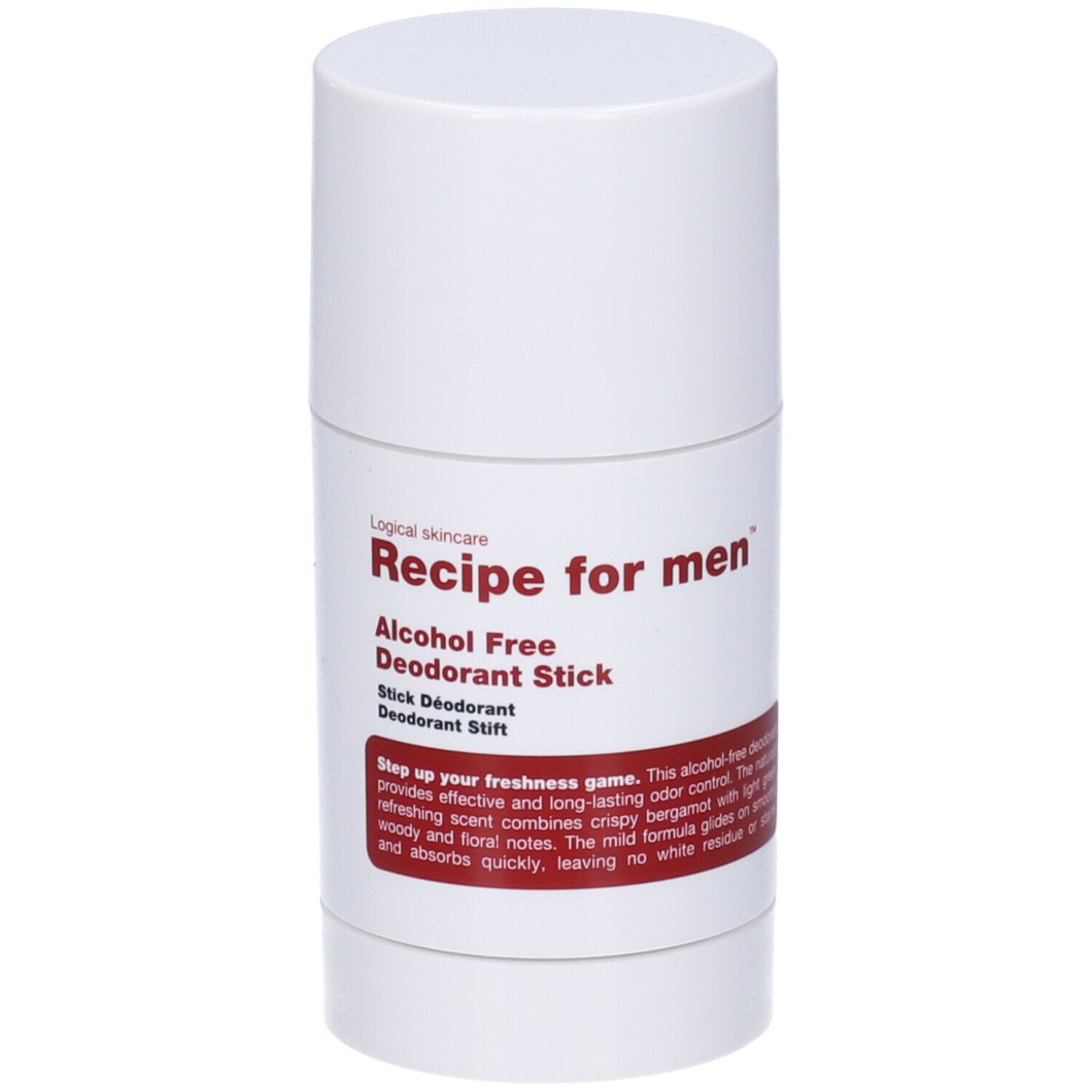 Stick deodorante bianco. Scritta: Recipe for men, Alcohol Free Deodorant Stick. Area testo rossa con informazioni.