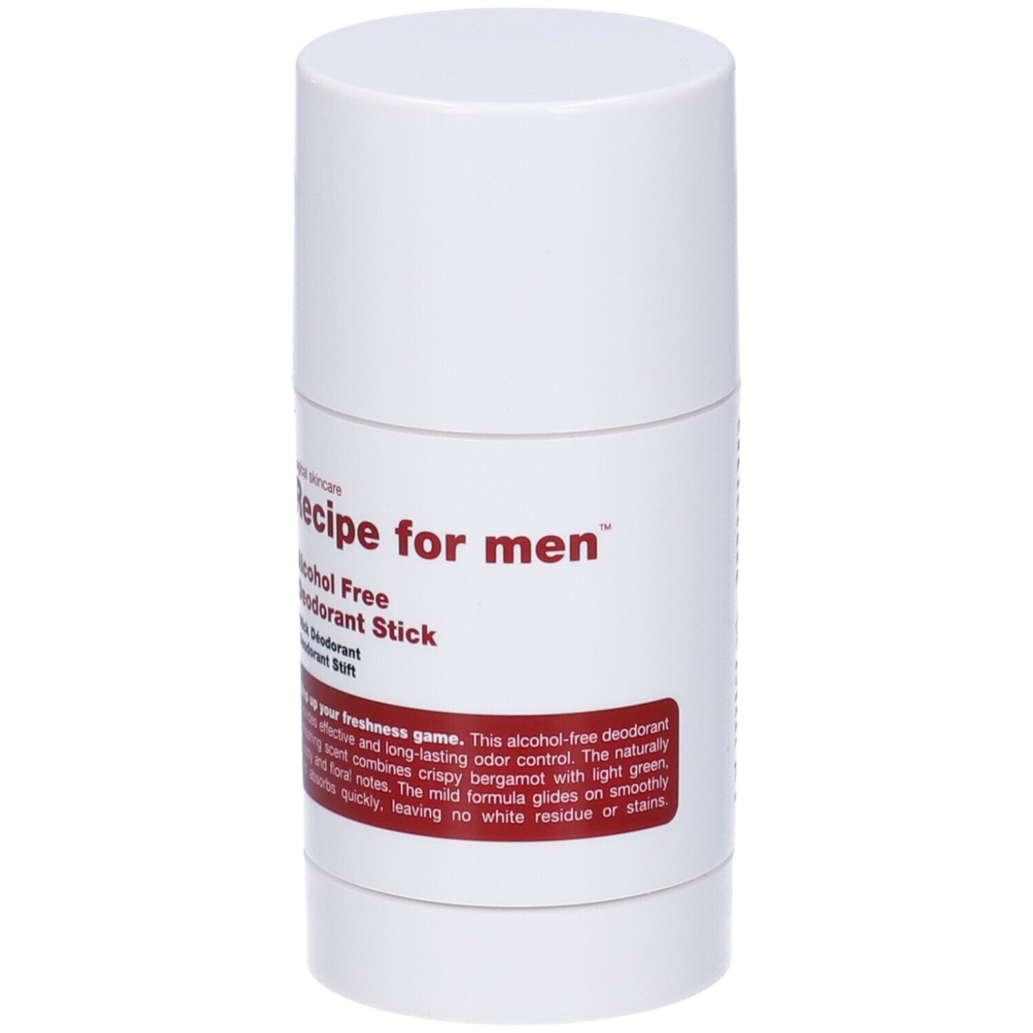 Stick deodorante bianco. Scritta: Recipe for men, Alcohol Free Deodorant Stick. Area testo rossa con informazioni.