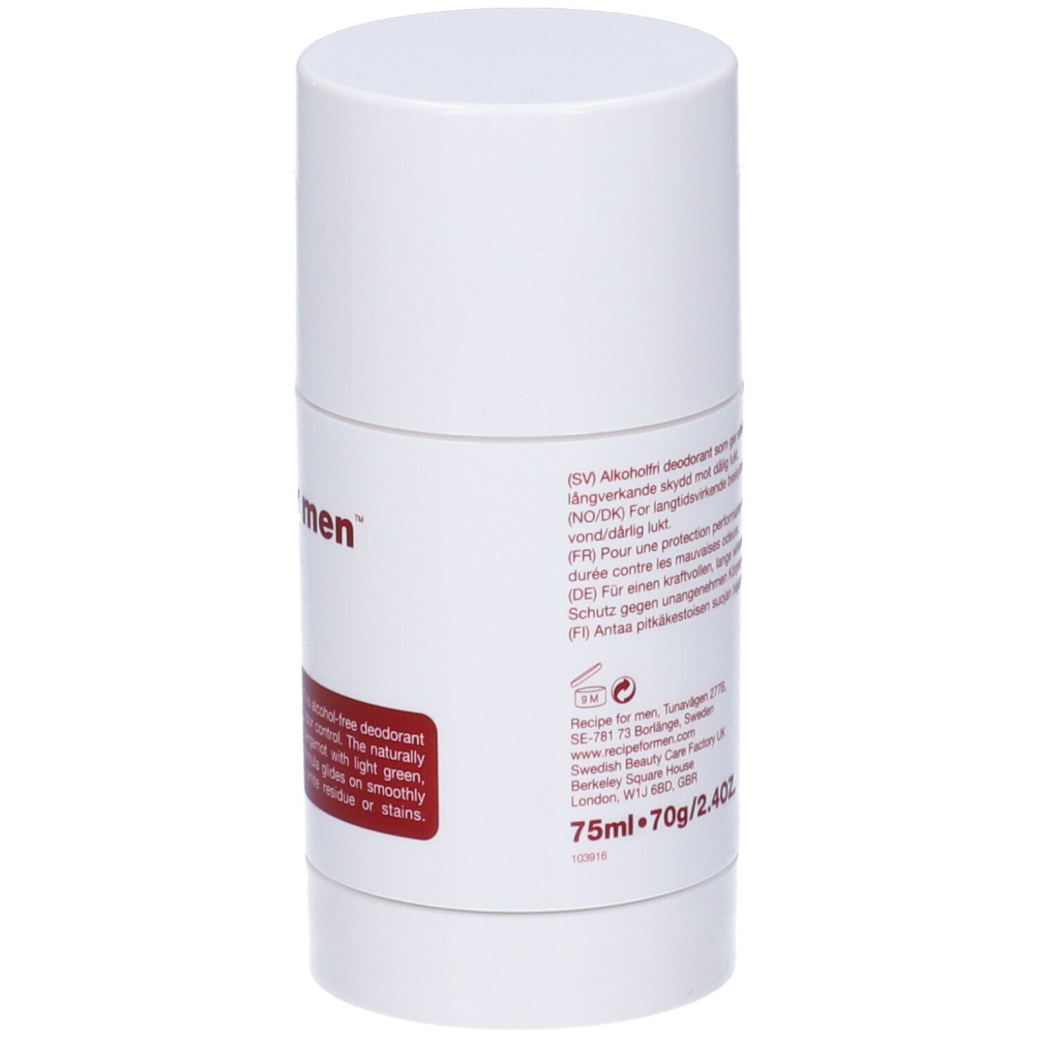 Stick deodorante bianco. Testo sul retro. Scritta: Recipe for men, Alcohol Free Deodorant Stick. Volume: 75ml.