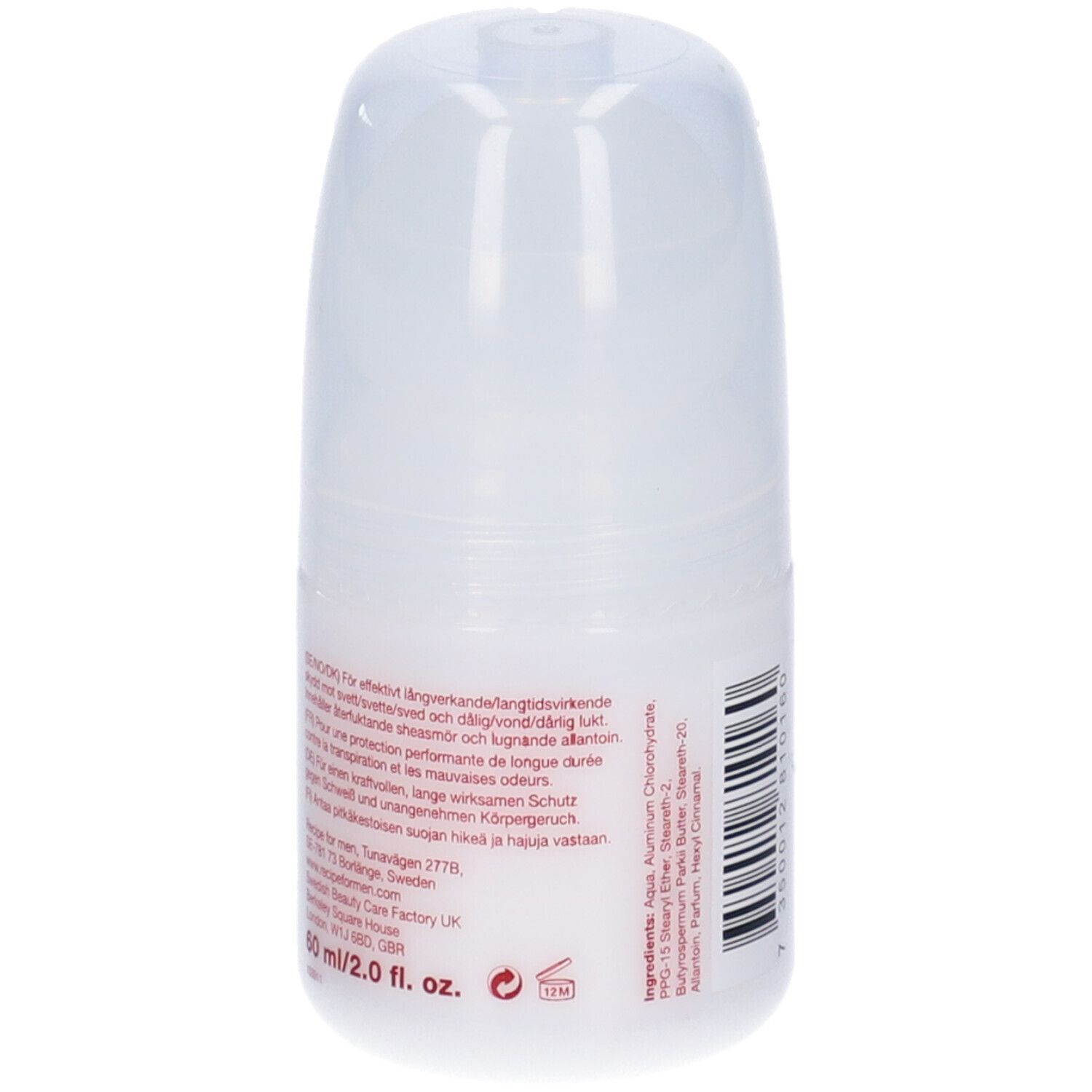 Deodorante roll-on bianco Recipe for men. Retro con testo e ingredienti. Scritta: 60 ml/2.0 fl. oz.