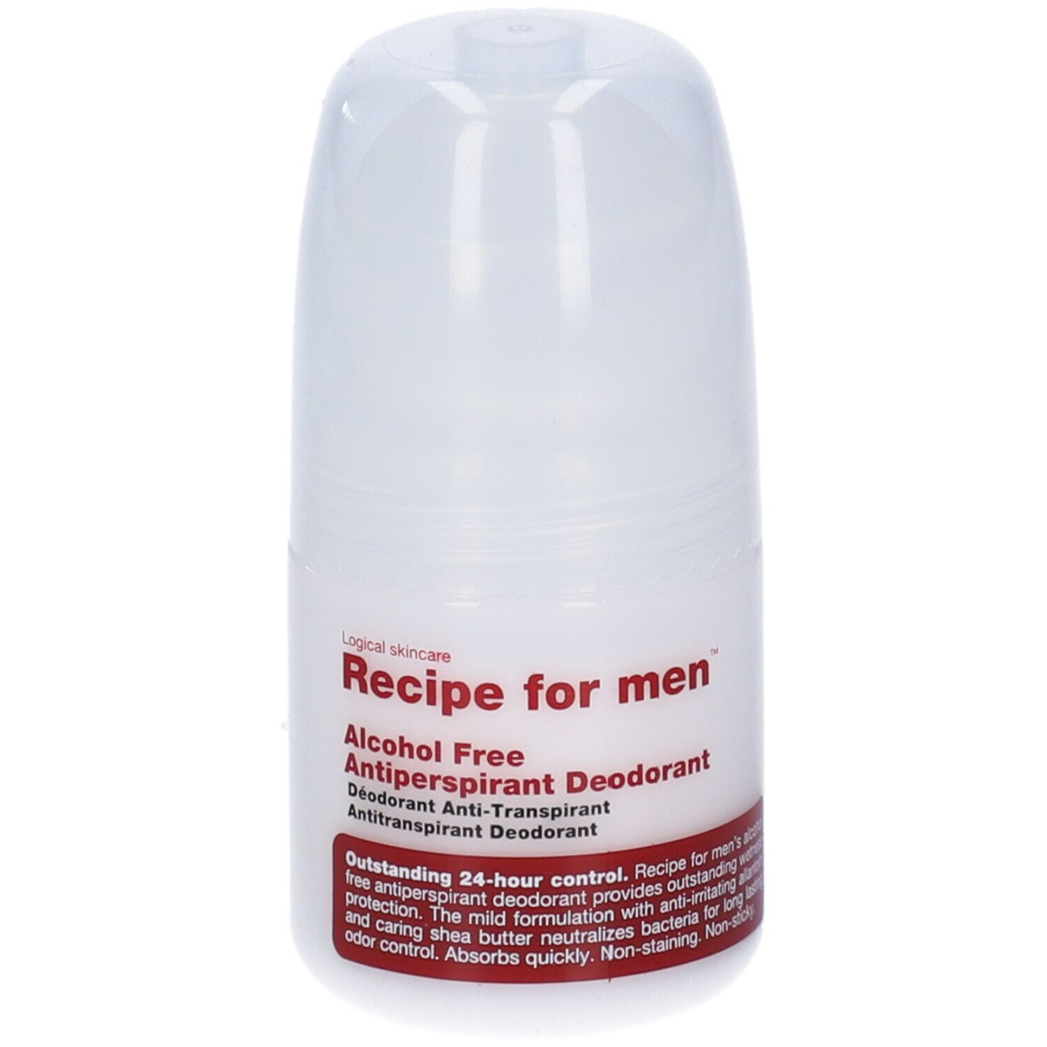 Deodorante roll-on bianco Recipe for men. Scritta: Alcohol Free Antiperspirant Deodorant. Etichetta rossa con testo.