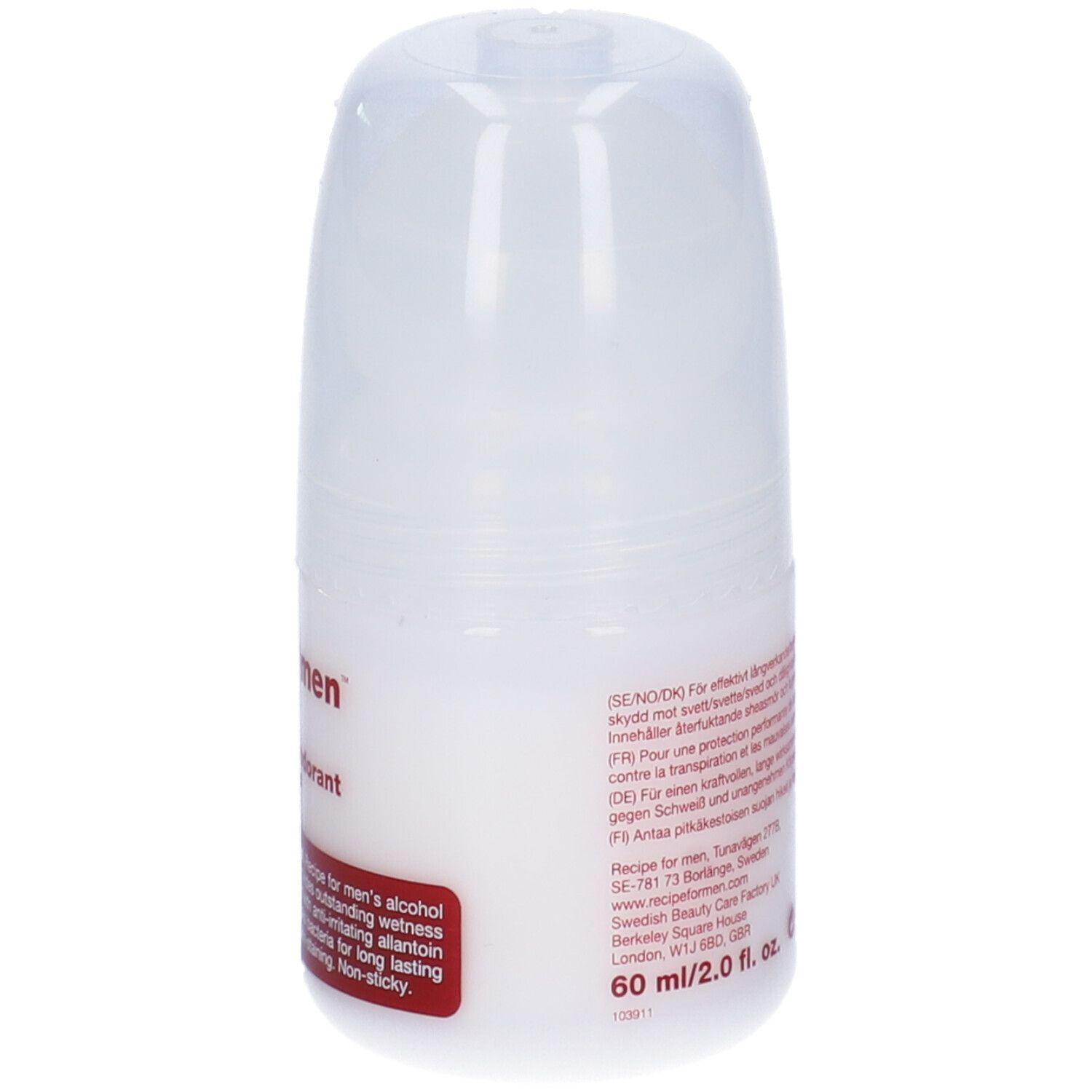 Deodorante roll-on bianco Recipe for men. Scritta: Alcohol Free Antiperspirant Deodorant. Etichetta rossa con testo. 60 ml/2.0 fl. oz.