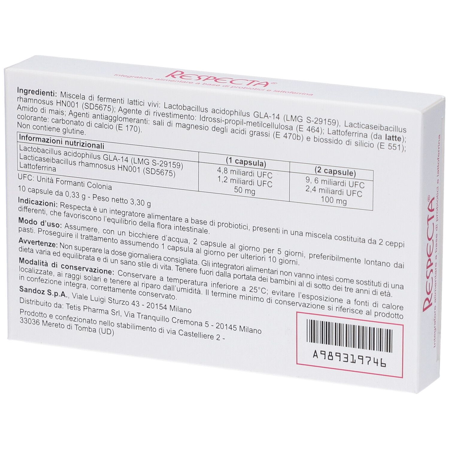 Retro della scatola bianca. Contiene ingredienti, informazioni nutrizionali e avvertenze. A989319746.