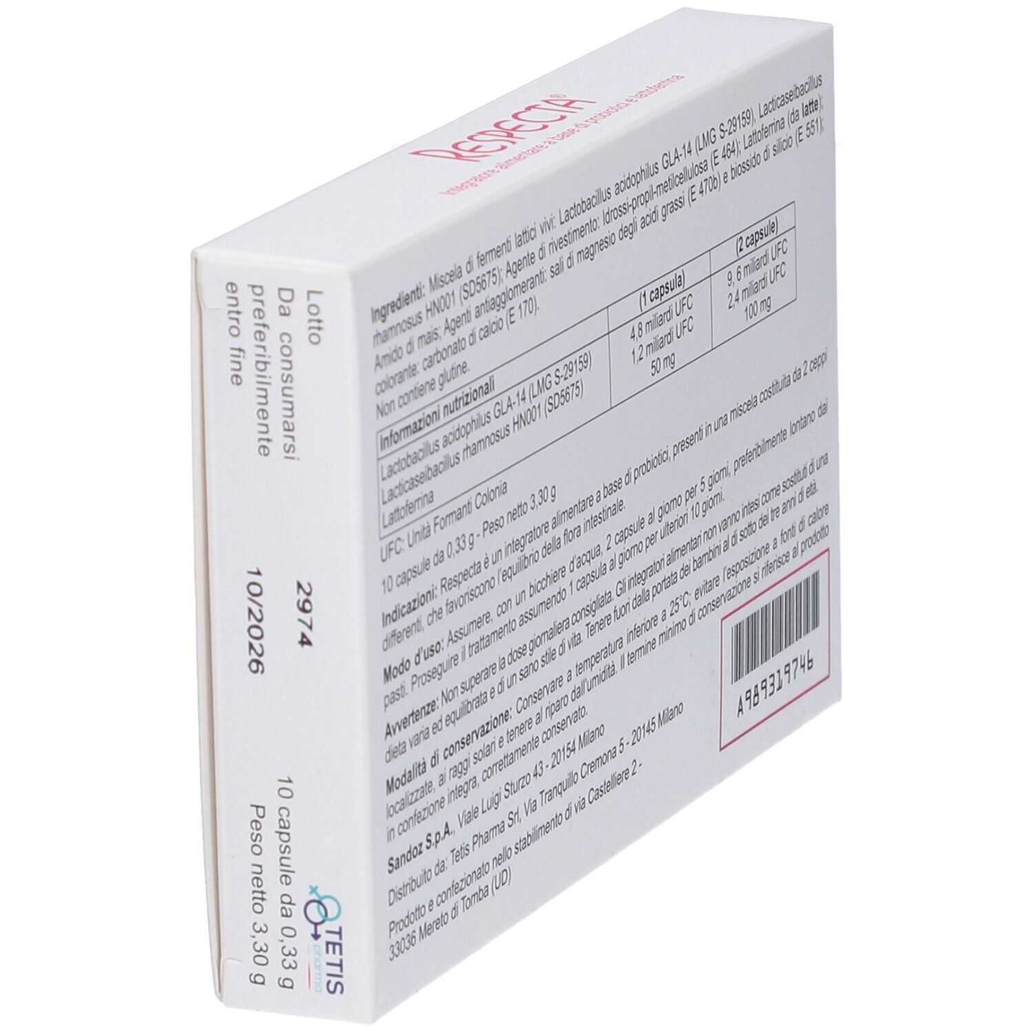 Scatola bianca, vista obliqua. Scritta "Respecta". Contiene ingredienti e data di scadenza.