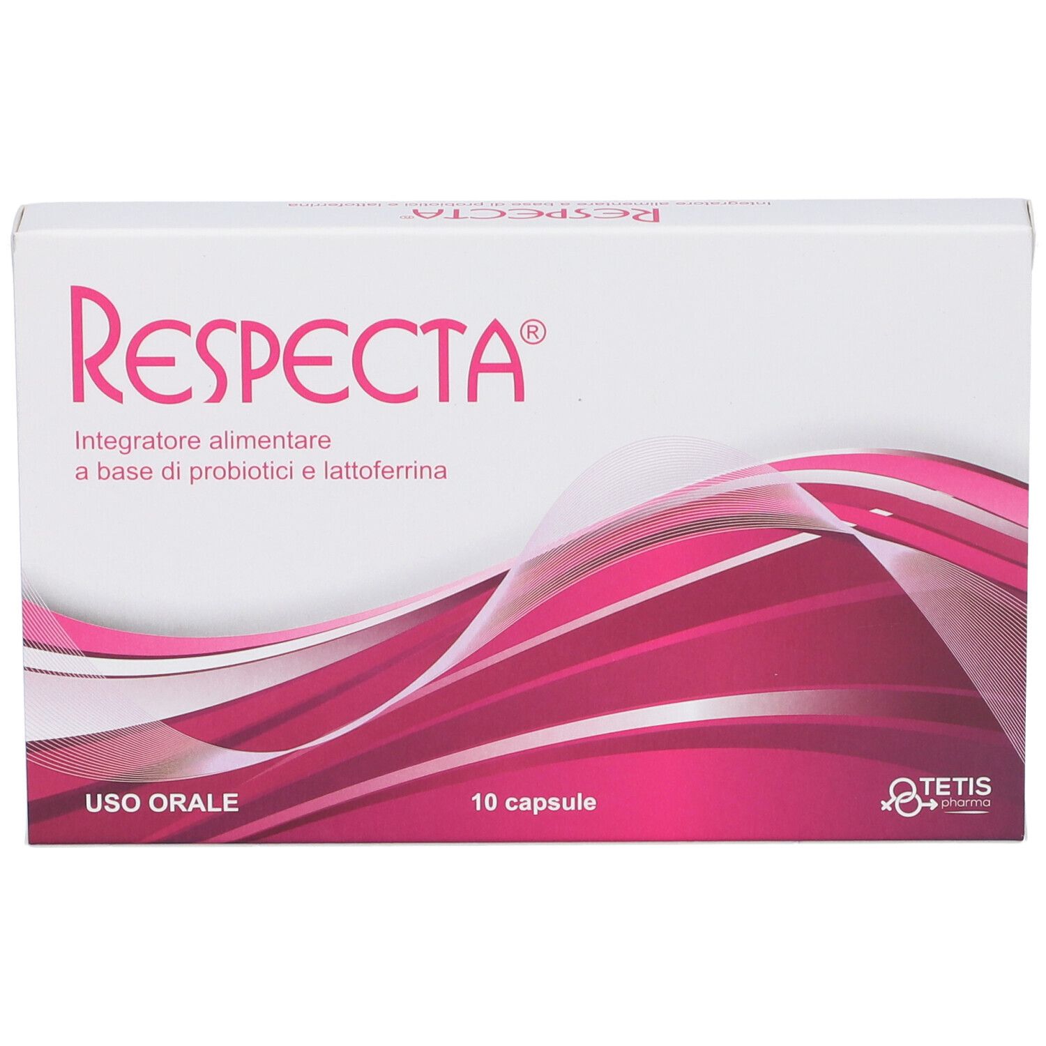 Scatola bianca con design rosa. Scritta "Respecta" e "Integratore alimentare". 10 capsule. Logo Tetis Pharma.