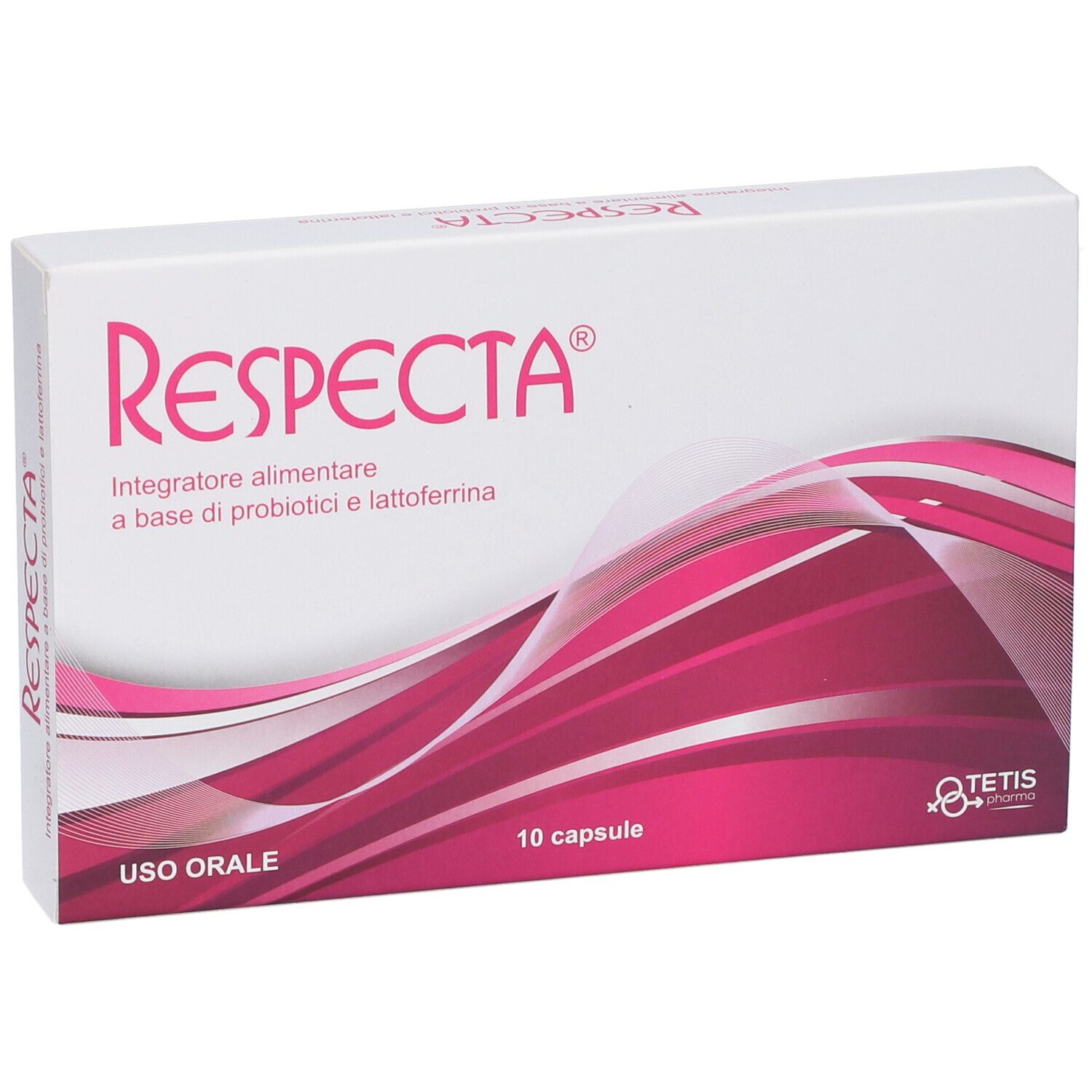 Scatola bianca con design rosa. Scritta "Respecta" e "Integratore alimentare". 10 capsule. Logo Tetis Pharma.