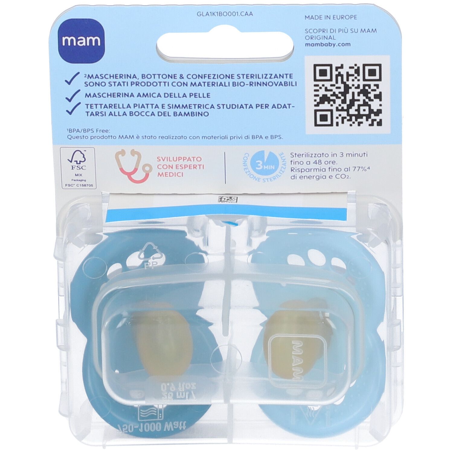 Retro della confezione blister con due ciucci blu. Logo 'mam' e testo. Sterilizzabile in 3 minuti.