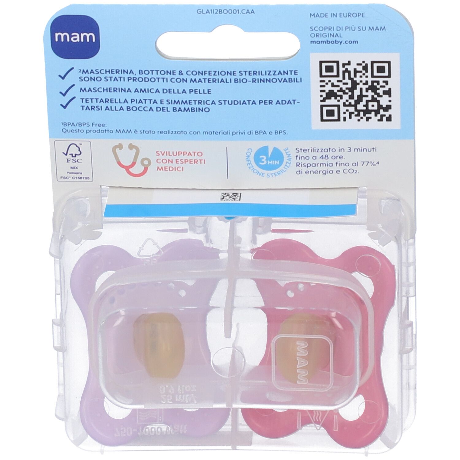 Retro confezione con due succhietti. Marchio MAM, testo, QR code, informazioni su materiali e sterilizzazione.