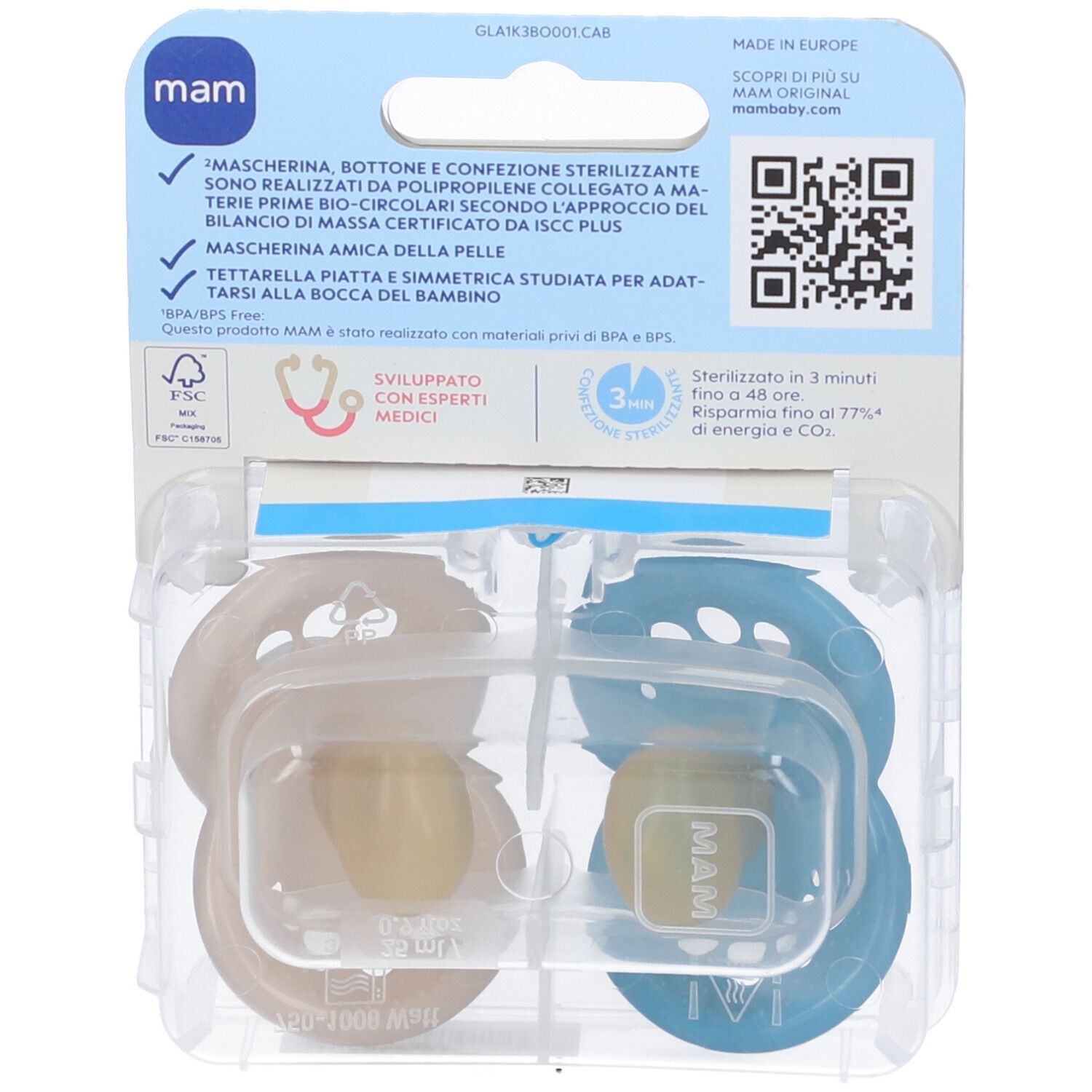 Retro della confezione doppia di succhietti. Informazioni, logo e QR code. Certificazioni e marchi di qualità.