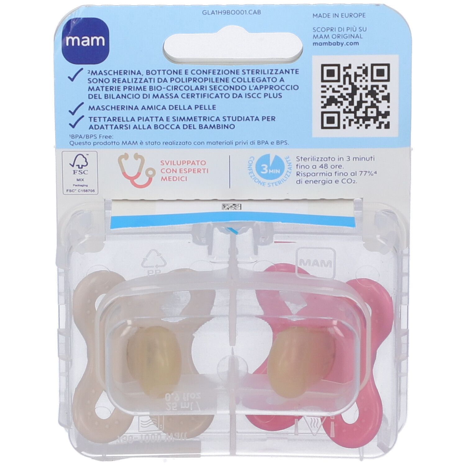 Retro della confezione con informazioni sul prodotto. Due succhietti visibili. Codice QR e marchio.