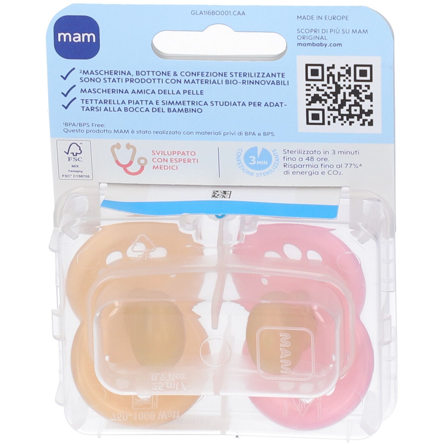 Retro della confezione doppia di succhietti MAM. Informazioni, loghi e codice QR. Due succhietti visibili.