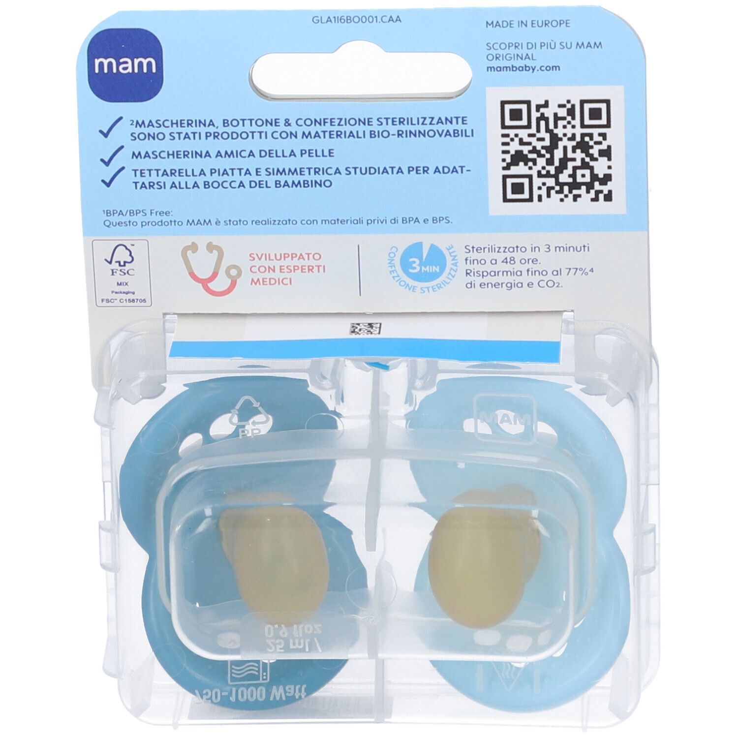 Retro della confezione con due succhietti blu. Contiene informazioni, il logo MAM e un codice QR. Adatto a bambini dai 16 mesi in su.