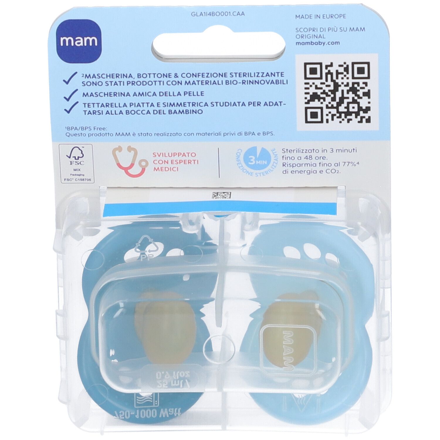 Retro della confezione con due succhietti blu. Logo MAM in alto a sinistra. Testo e codice QR.