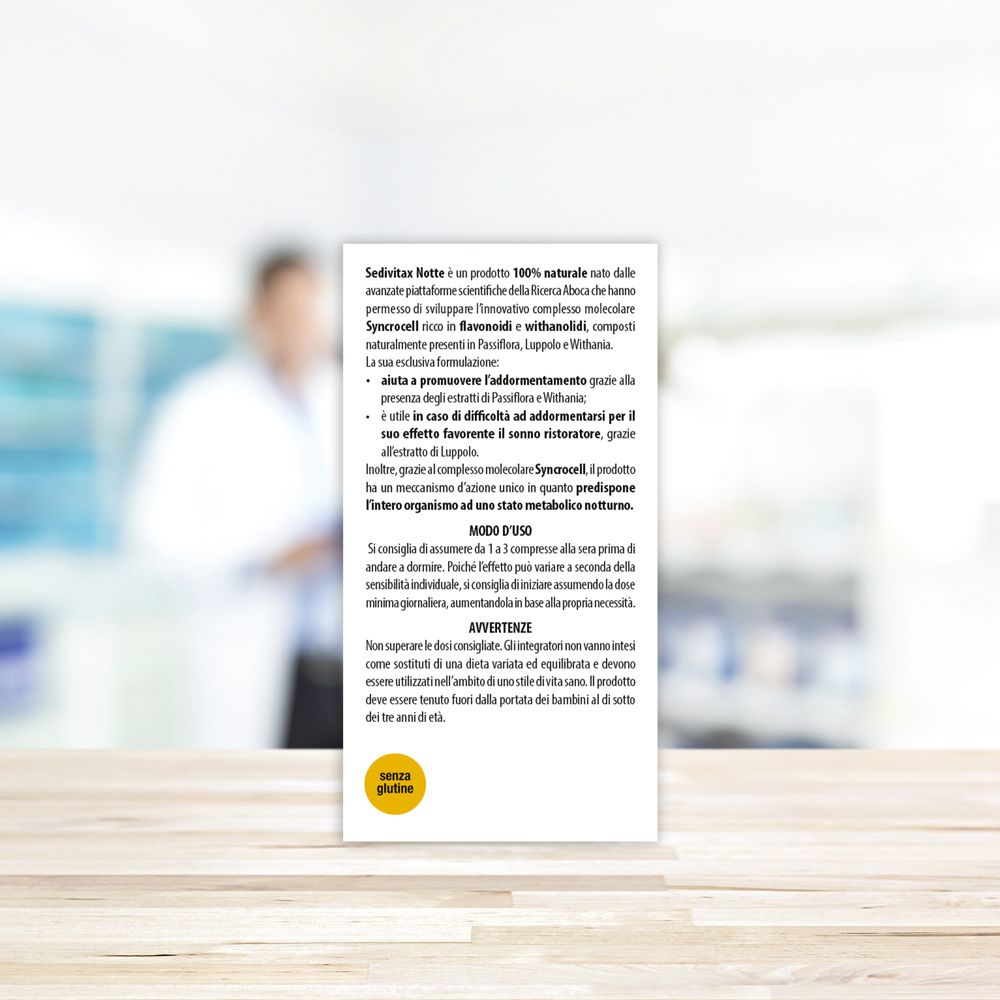 Flacone Sedivitax Notte Advanced. Vetro marrone, tappo dorato. 27 compresse. Aboca.