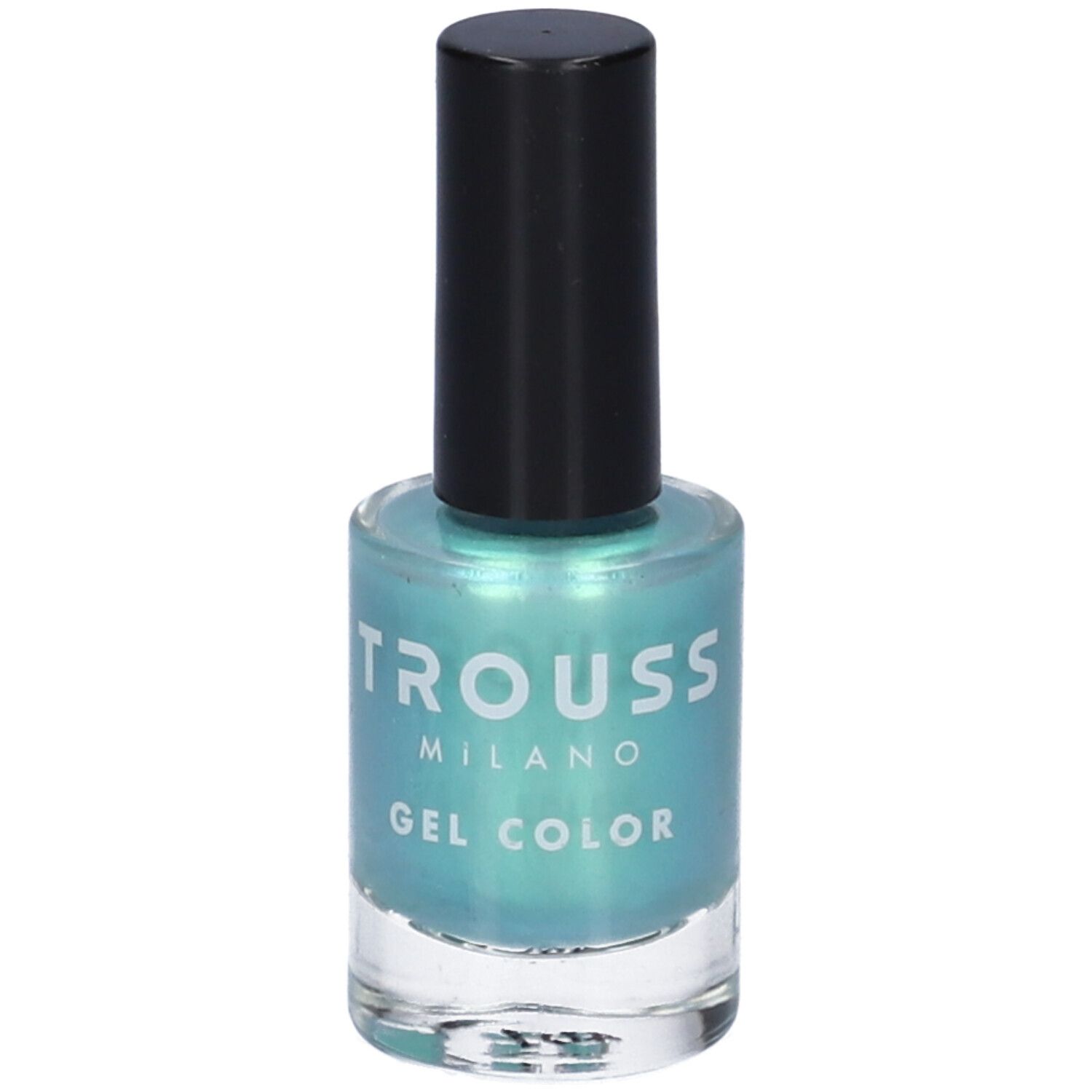 Flacone di smalto Trouss S-22 Mermaid Green. Smalto verde acqua con tappo nero. Scritta: Trouss Milano Gel Color.