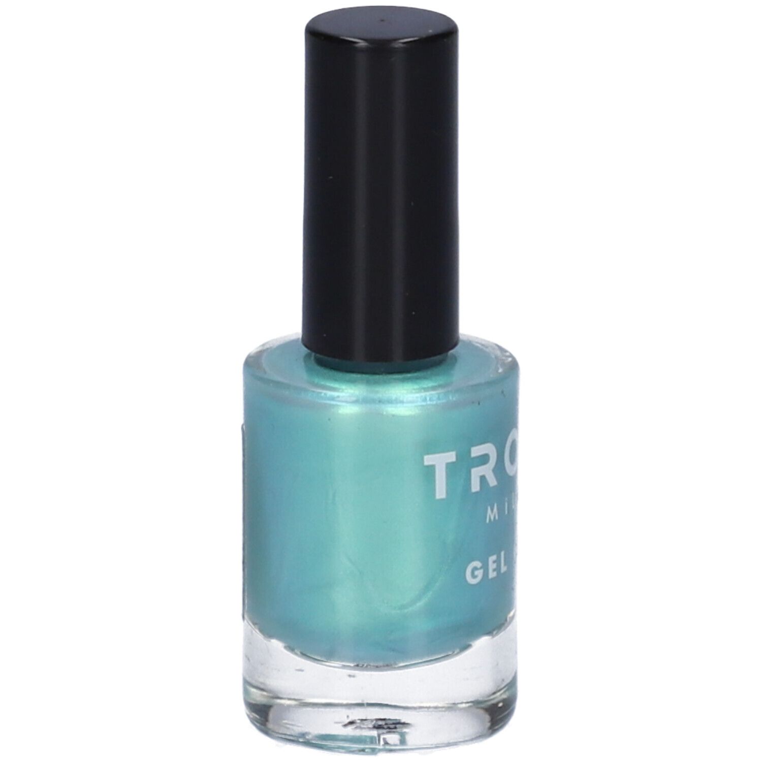 Flacone di smalto Trouss S-22 Mermaid Green. Smalto verde acqua con tappo nero. Scritta: Trouss Milano Gel Color.