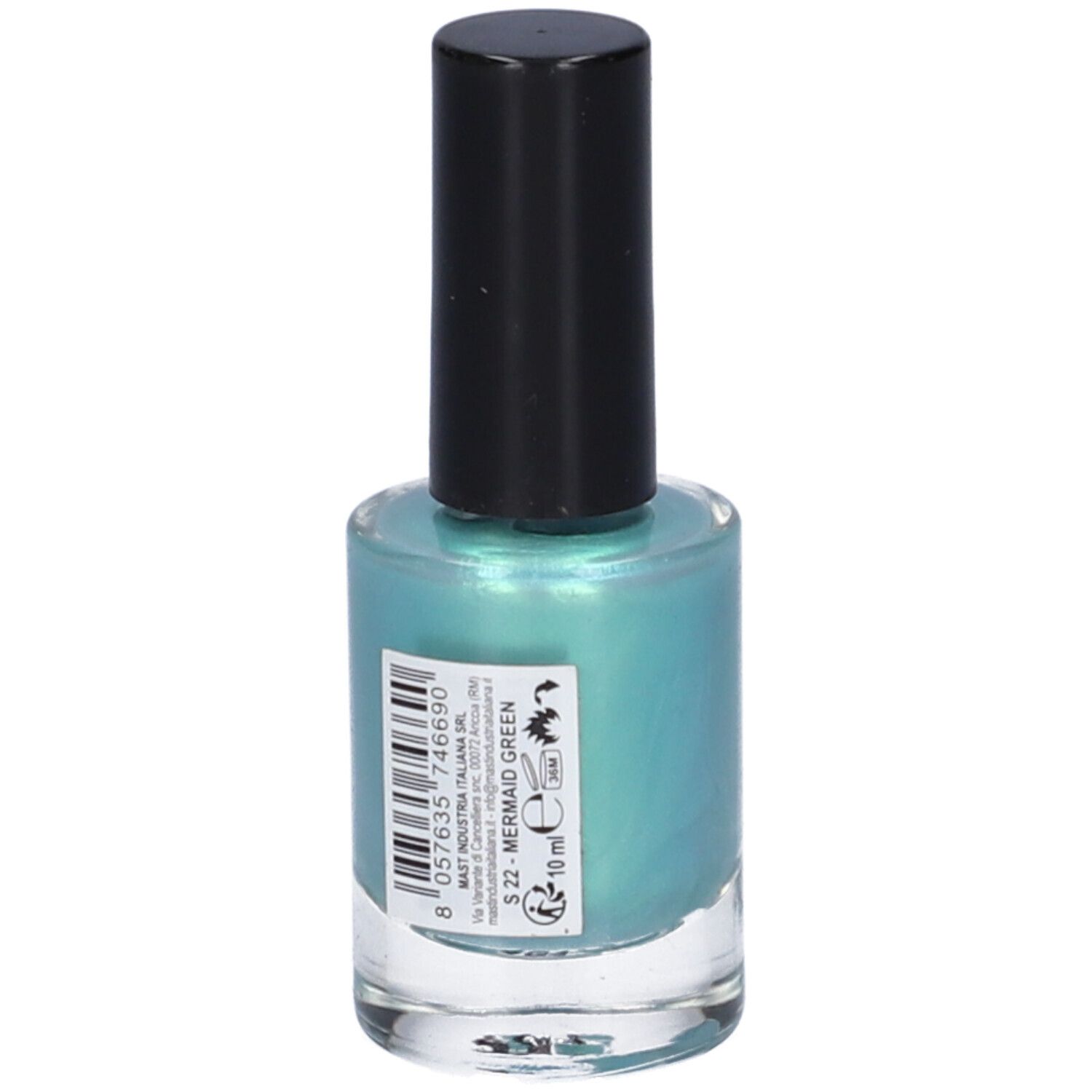 Flacone di smalto Trouss S-22 Mermaid Green. Smalto verde acqua con tappo nero. Scritta: Trouss Milano Gel Color. Etichetta con informazioni.