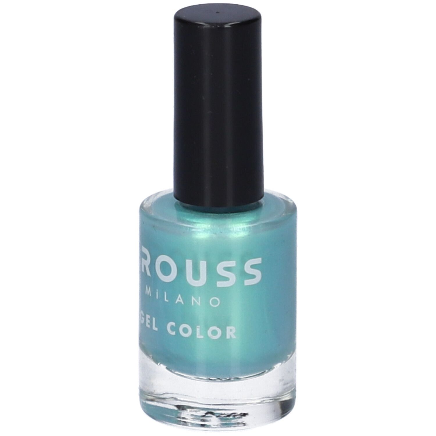 Flacone di smalto Trouss S-22 Mermaid Green. Smalto verde acqua con tappo nero. Scritta: Trouss Milano Gel Color.