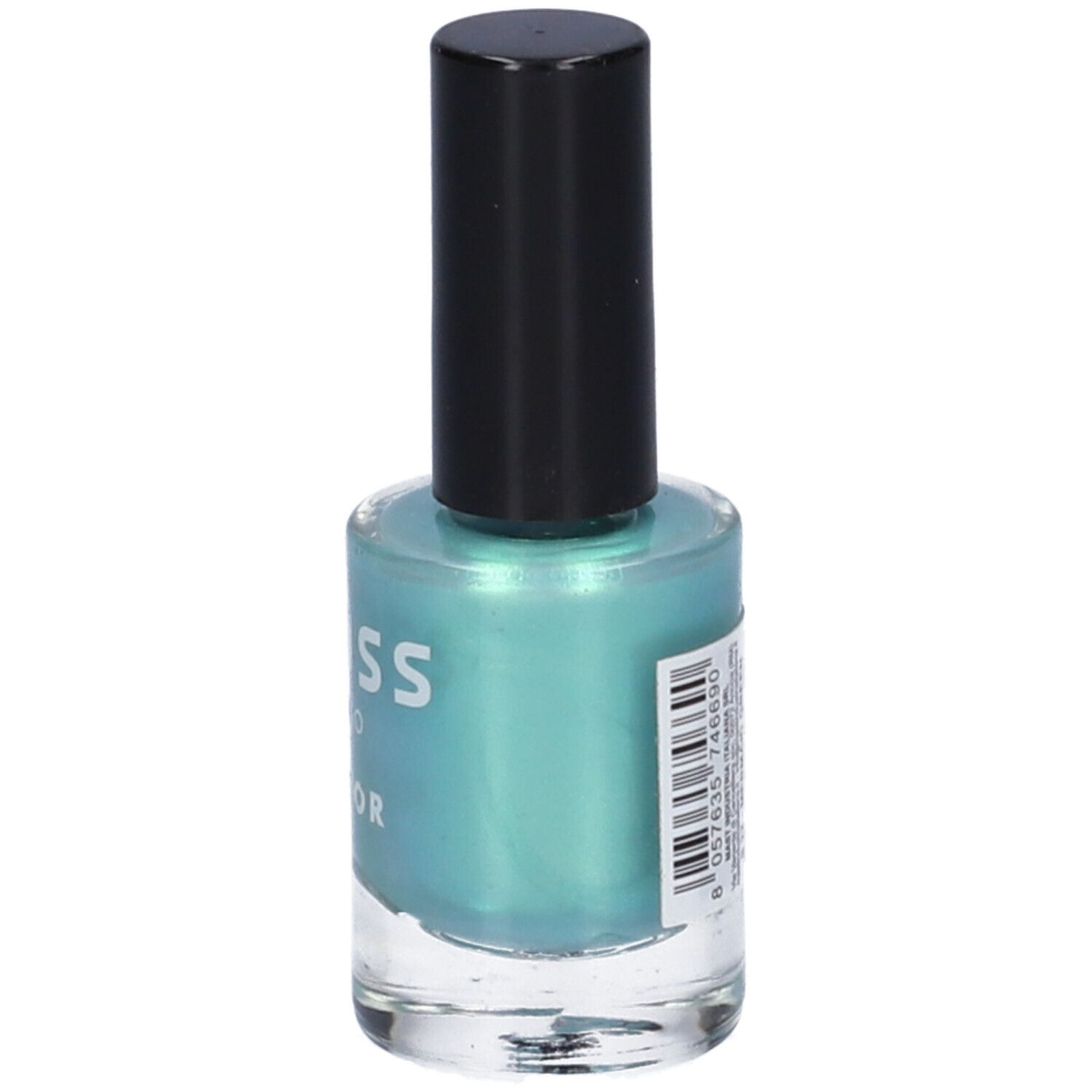 Flacone di smalto Trouss S-22 Mermaid Green. Smalto verde acqua con tappo nero. Scritta: Trouss Milano Gel Color. Etichetta con informazioni.