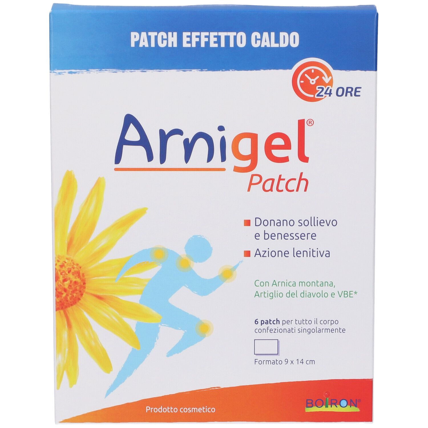 Scatola Arnigel Patch. Scritto: 6 pezzi, 9x14 cm, 24 ore. Fiore giallo e figura blu.