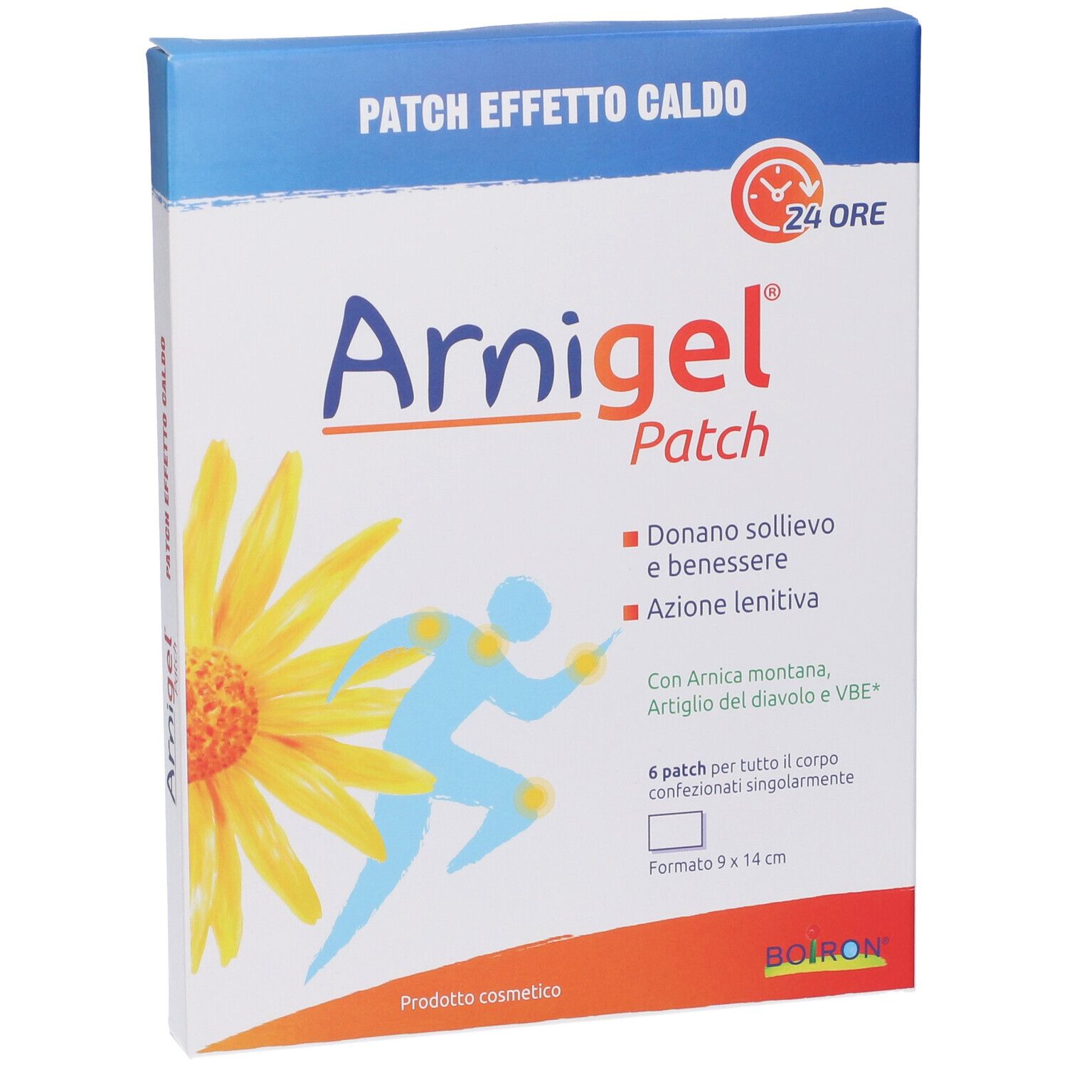 Scatola Arnigel Patch. Scritto: 6 pezzi, 9x14 cm, 24 ore. Fiore giallo e figura blu.