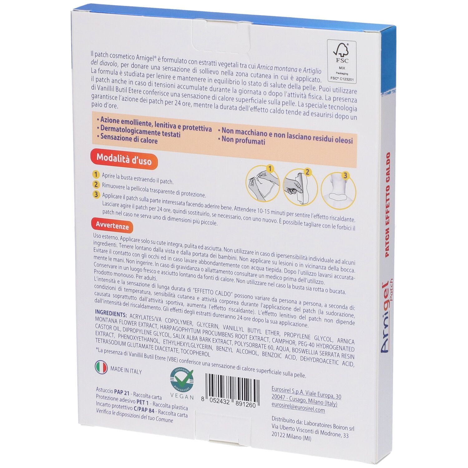 Retro della confezione dei patch Arnigel. Contiene informazioni sugli ingredienti e l'uso. Marchio Arnigel.