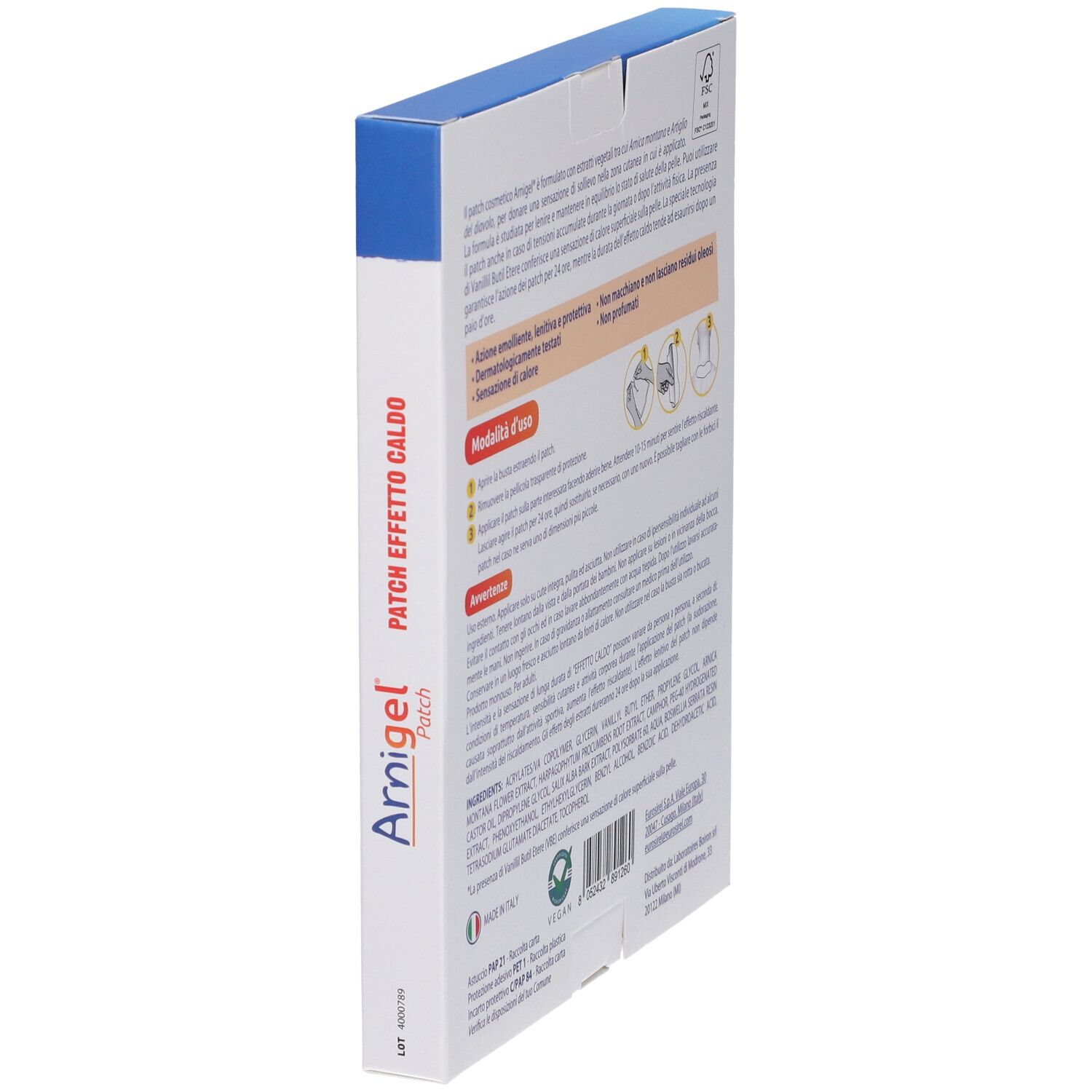 Vista laterale della confezione dei patch Arnigel. Scritto: Patch Effetto Caldo. Marchio Arnigel. Contiene informazioni.