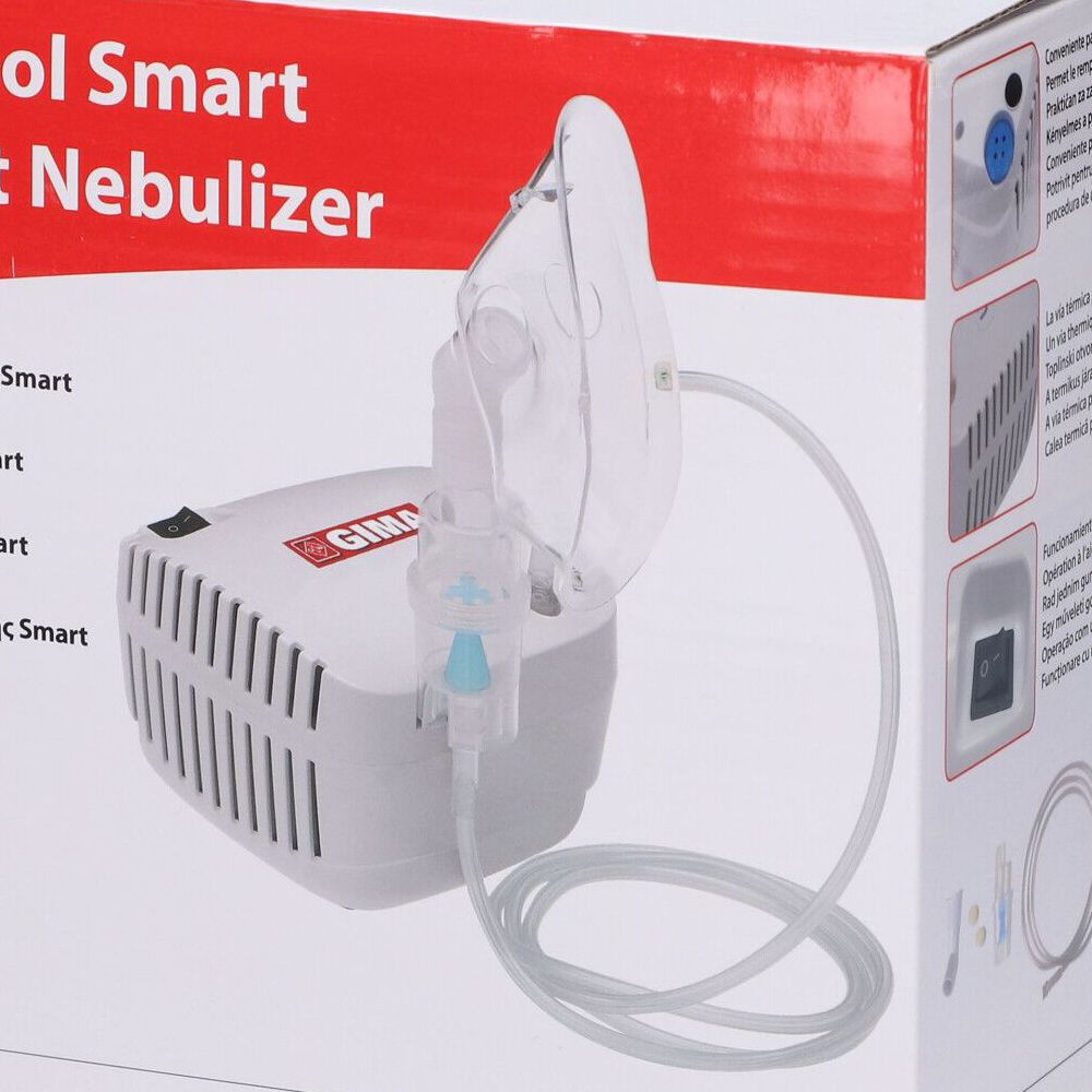Confezione con dispositivo e maschera. Testo: Nebulizer Smart, GIMA.