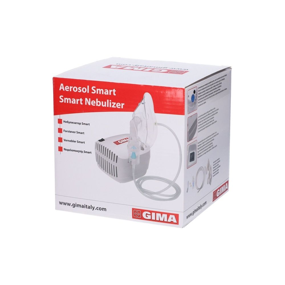 Confezione: Aerosol Smart Smart Nebulizer. Logo GIMA. Immagine del prodotto. Testo.