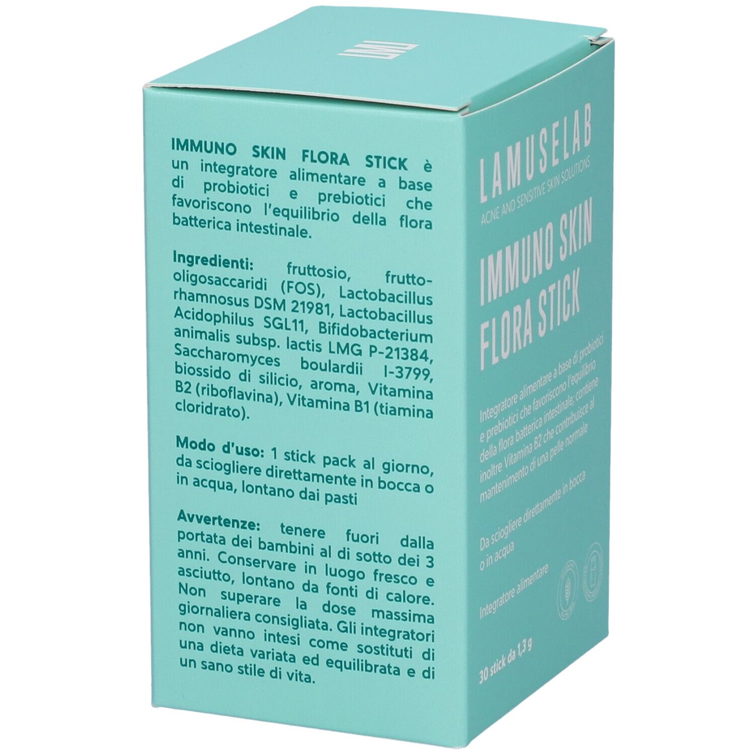 Scatola turchese con testo sugli ingredienti e l'uso di "IMMUNO SKIN FLORA STICK".