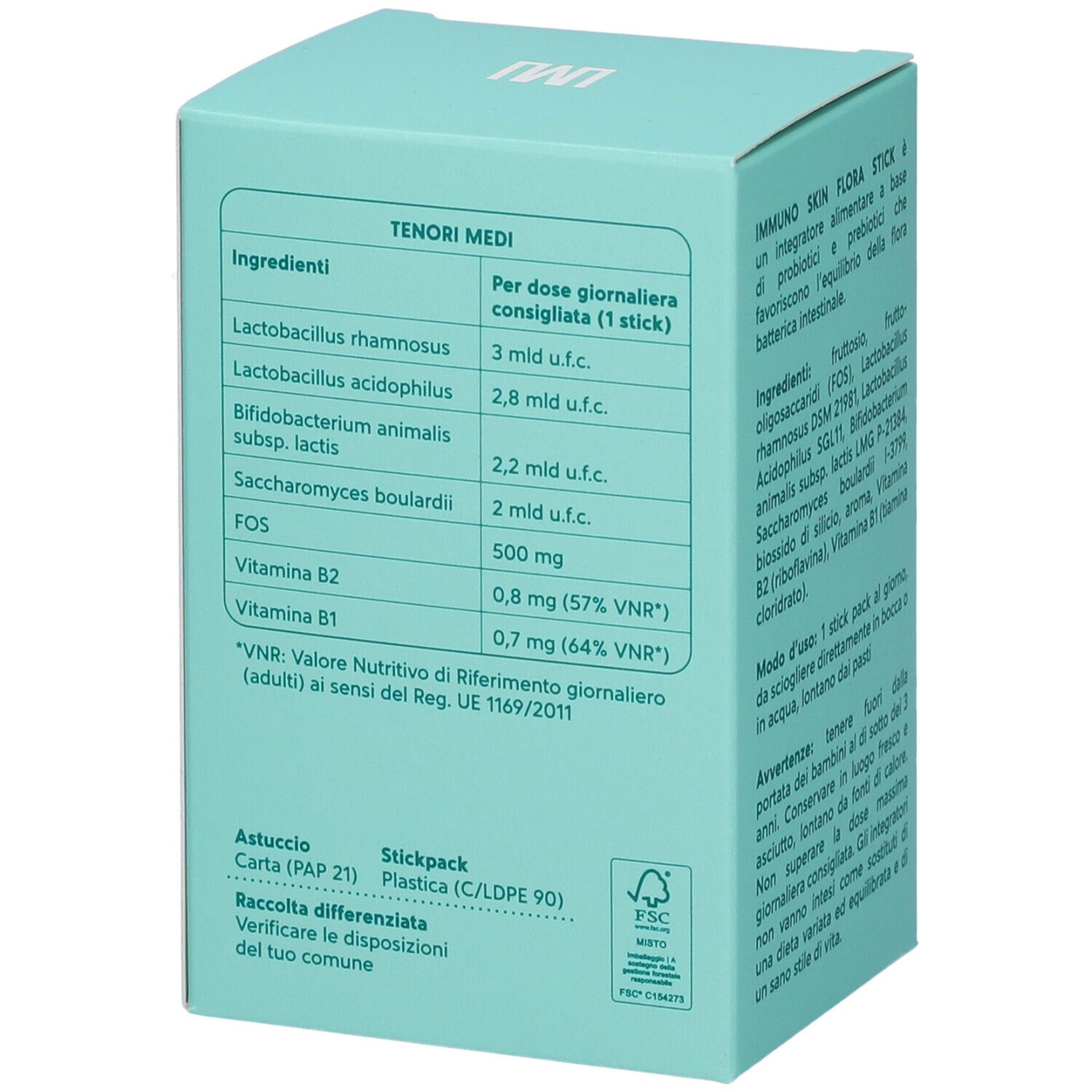 Scatola turchese con informazioni nutrizionali per "IMMUNO SKIN FLORA STICK".