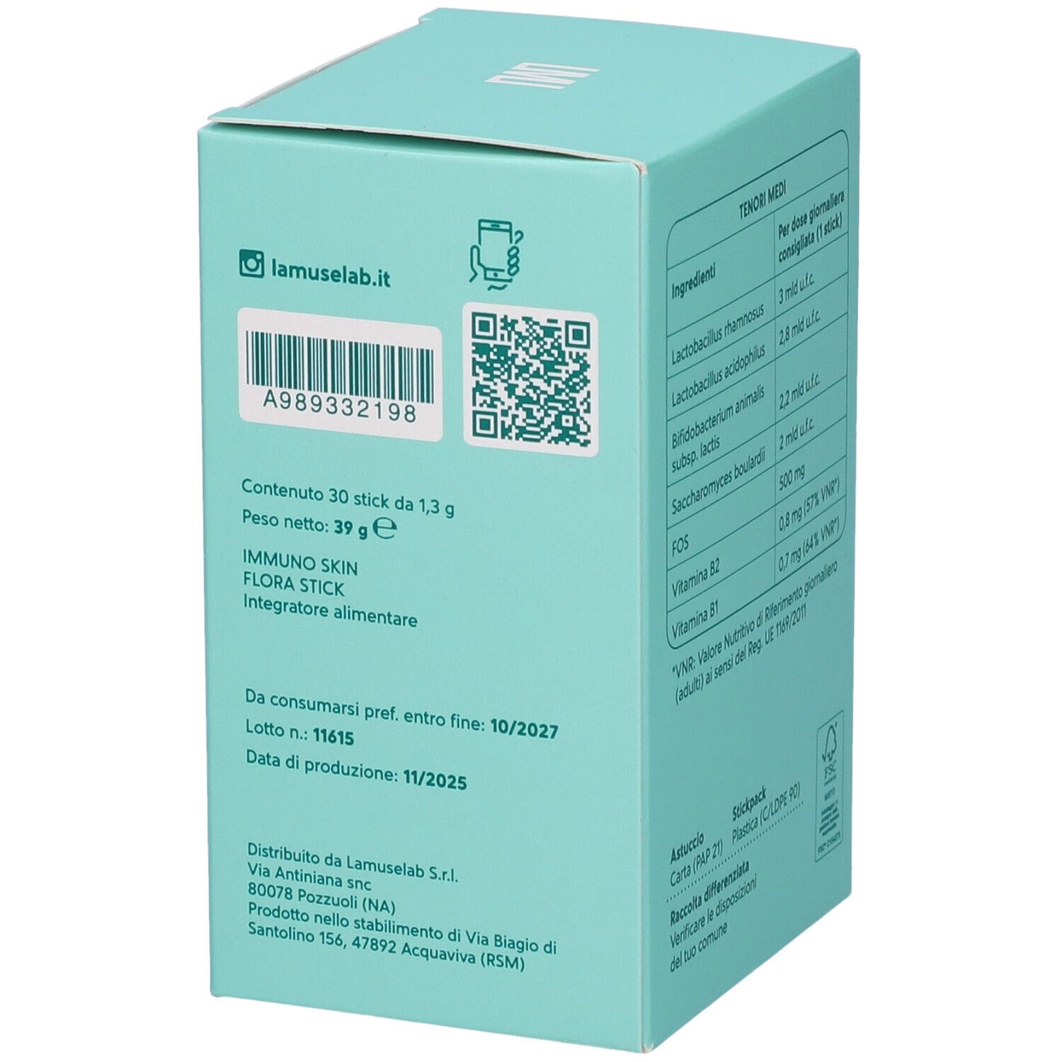 Scatola turchese con codice a barre, QR code e dettagli di "IMMUNO SKIN FLORA STICK".