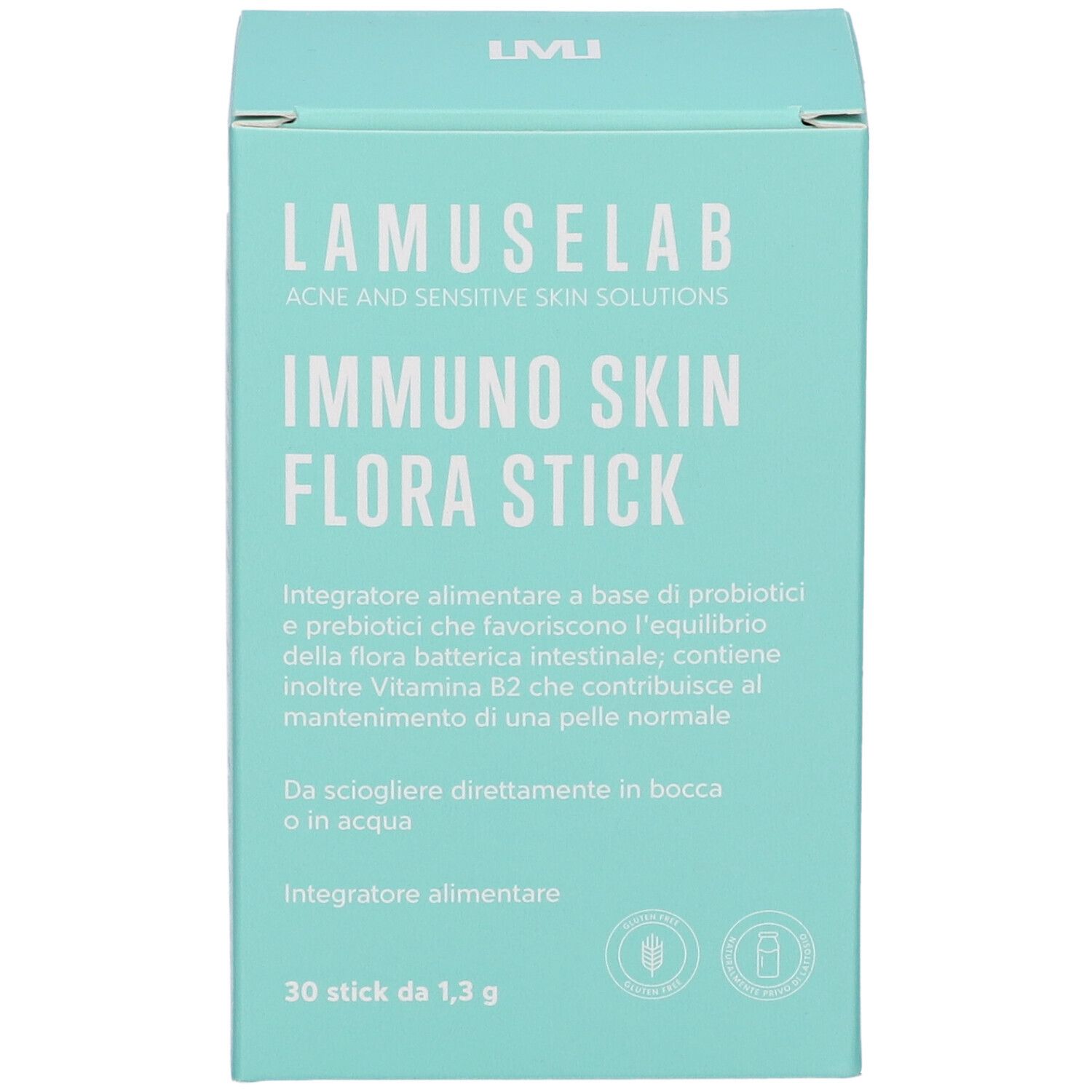 Scatola turchese con "LAMUSELAB IMMUNO SKIN FLORA STICK". Contiene 30 stick. Scritto: "Integratore alimentare".
