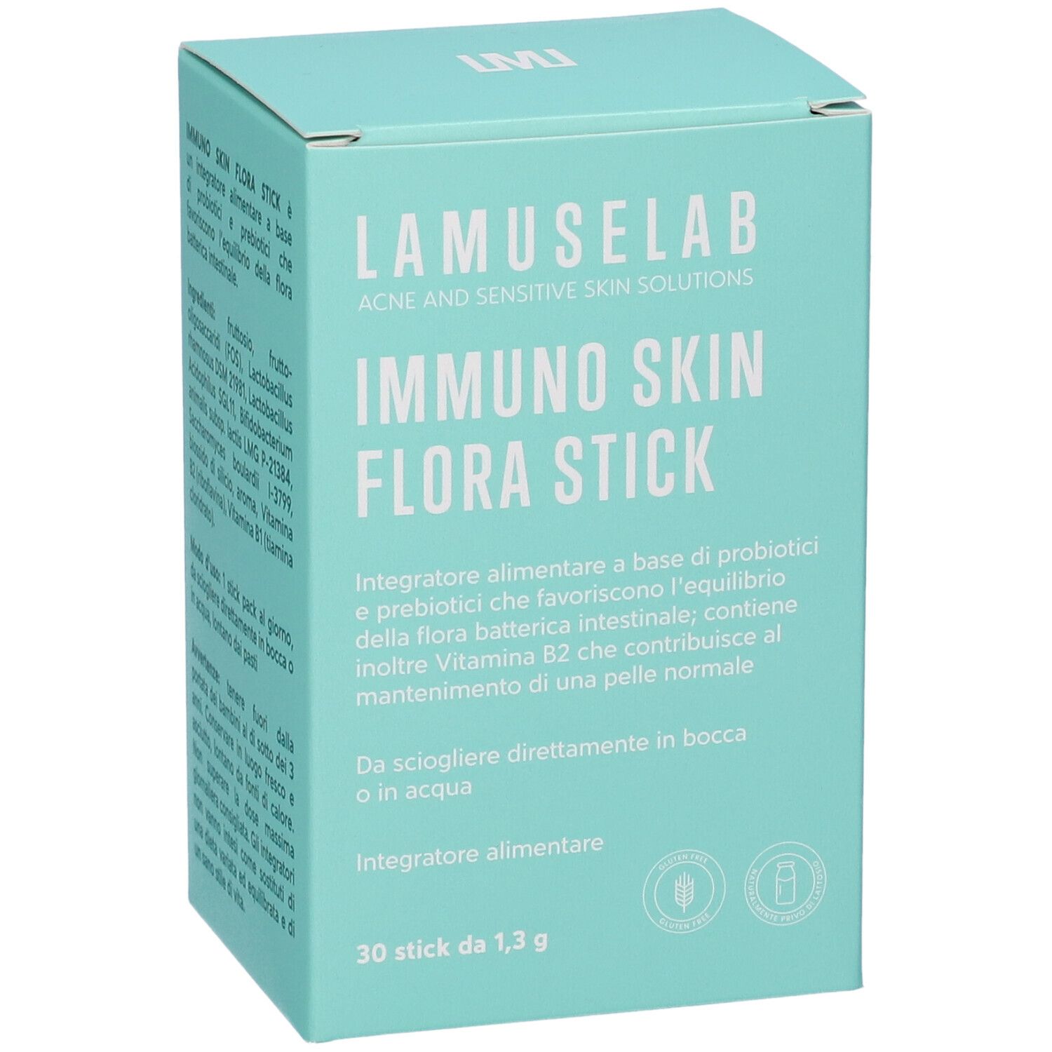 Scatola turchese con "LAMUSELAB IMMUNO SKIN FLORA STICK". Contiene 30 stick. Scritto: "Integratore alimentare".