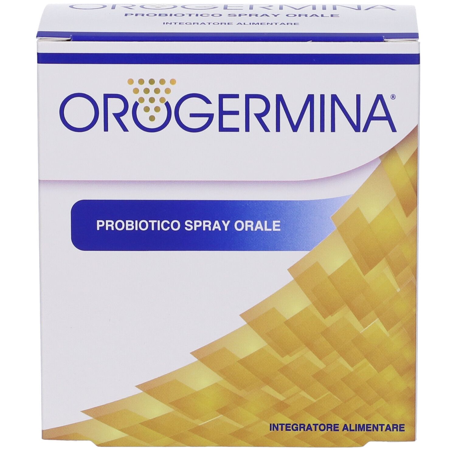 Orogermina, spray orale probiotico, confezione. Scatola bianca e blu con nome e logo del prodotto. Integratore alimentare.