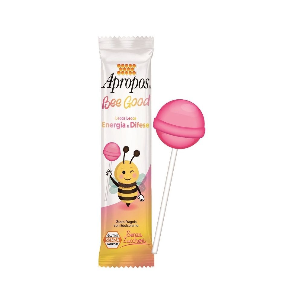 Lecca lecca rosa e confezione. Confezione con logo, testo e ape dei cartoni animati. Senza glutine, senza zucchero.