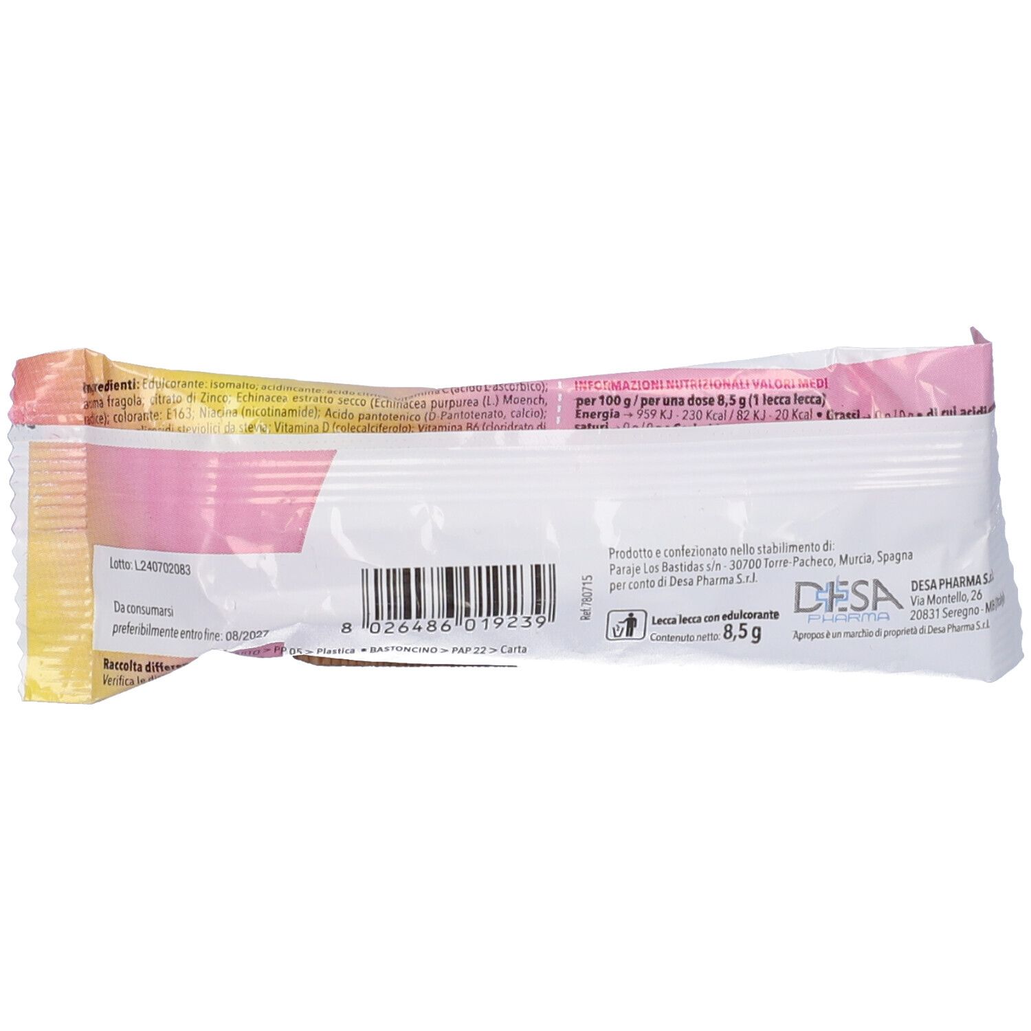 Retro della confezione. Testo, codice a barre e informazioni nutrizionali. Tonalità rosa e gialle.