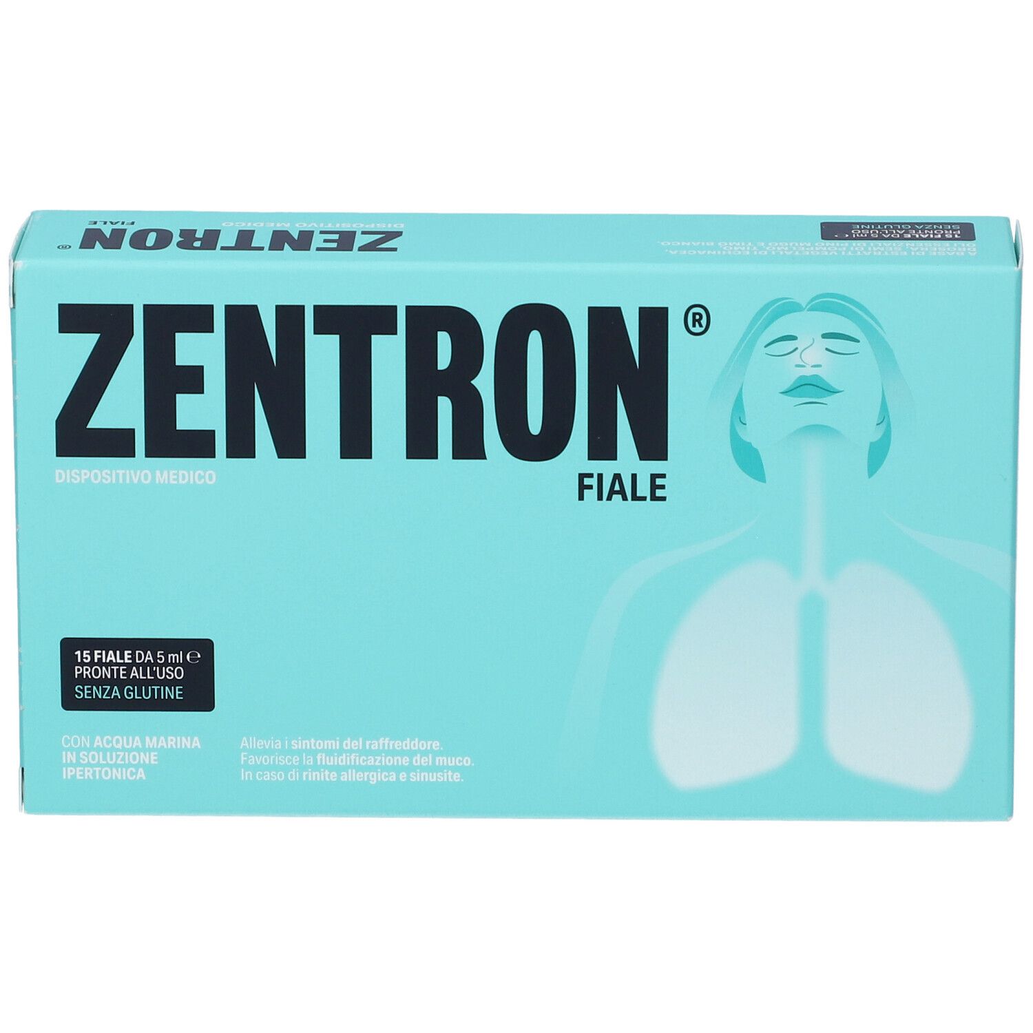 Scatola turchese con nome prodotto ZENTRON® Fiale. Scritto: 15 fiale, senza glutine. Illustrazione del sistema respiratorio.