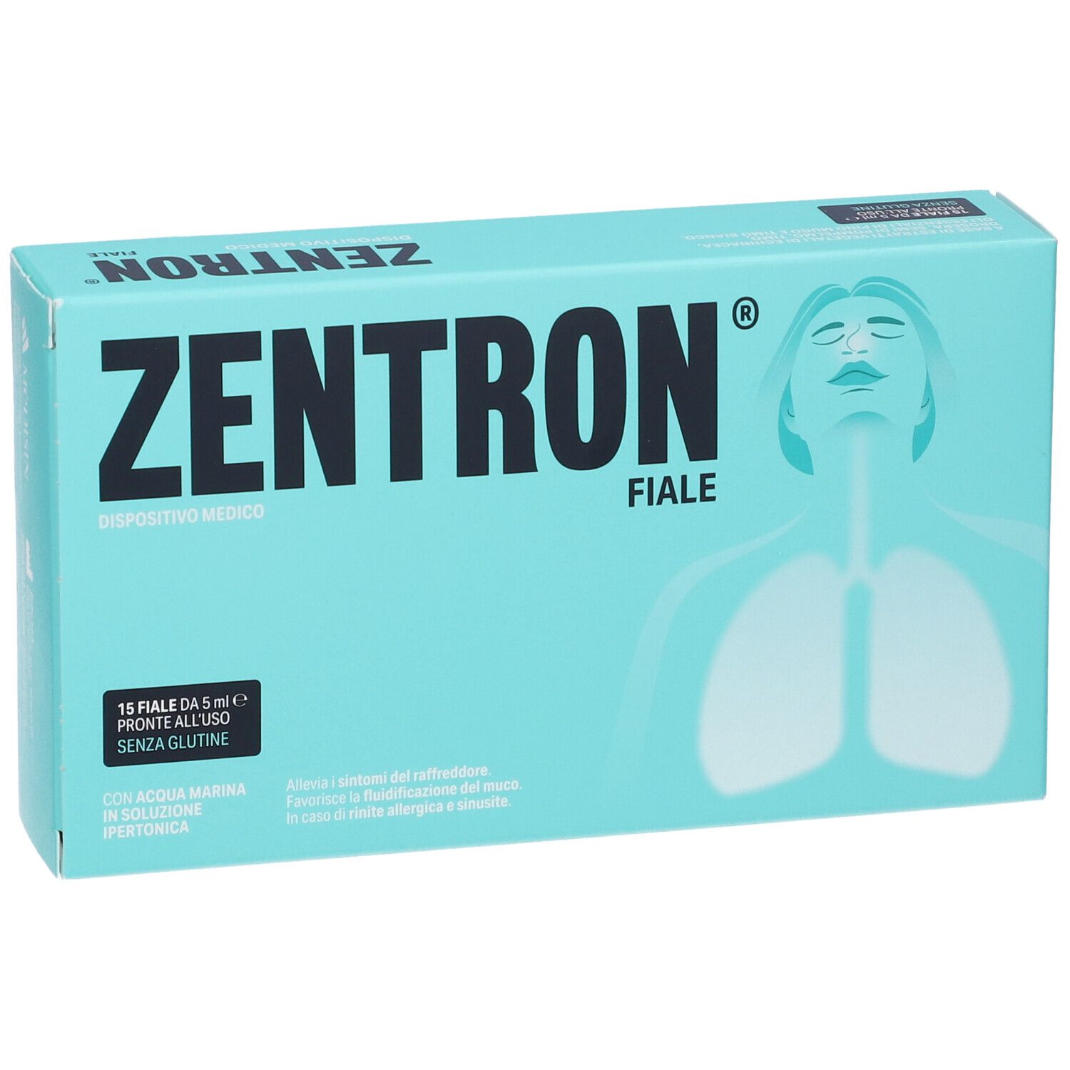 Scatola turchese con nome prodotto ZENTRON® Fiale. Scritto: 15 fiale, senza glutine. Illustrazione del sistema respiratorio.