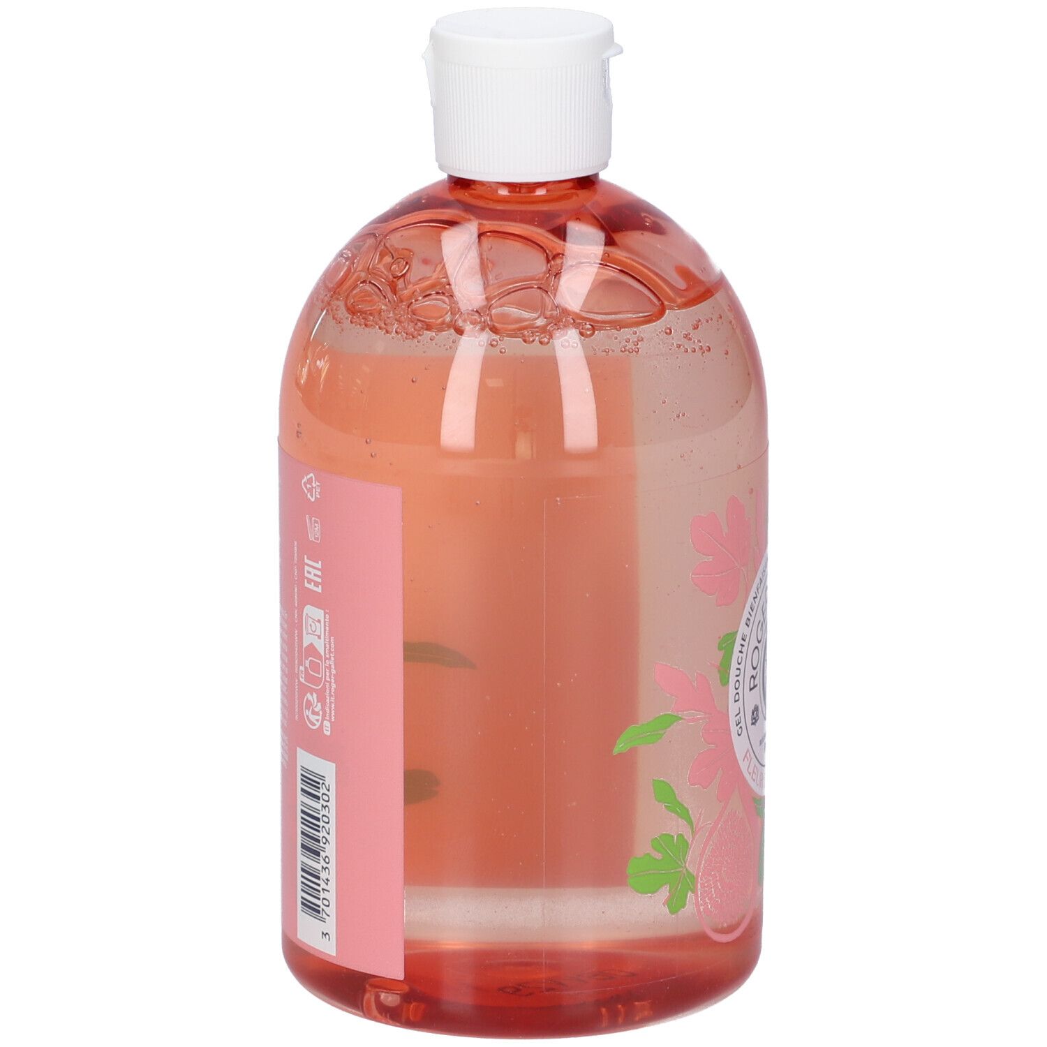 Flacone trasparente con liquido rosa. Etichetta con testo e codice a barre. Tappo bianco.