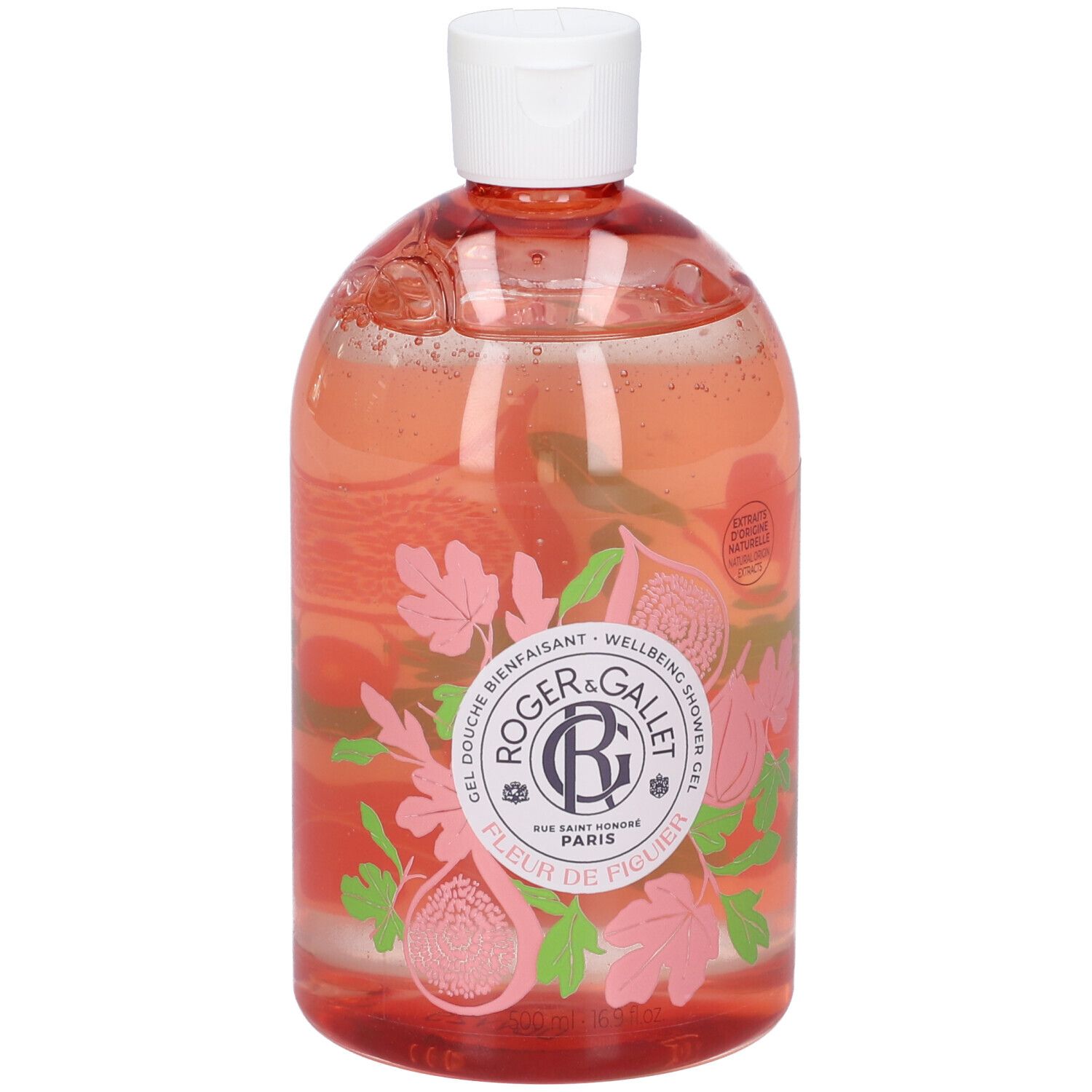 Flacone trasparente rotondo, liquido rosa. Tappo bianco. Etichetta con logo, testo e illustrazioni di fichi.