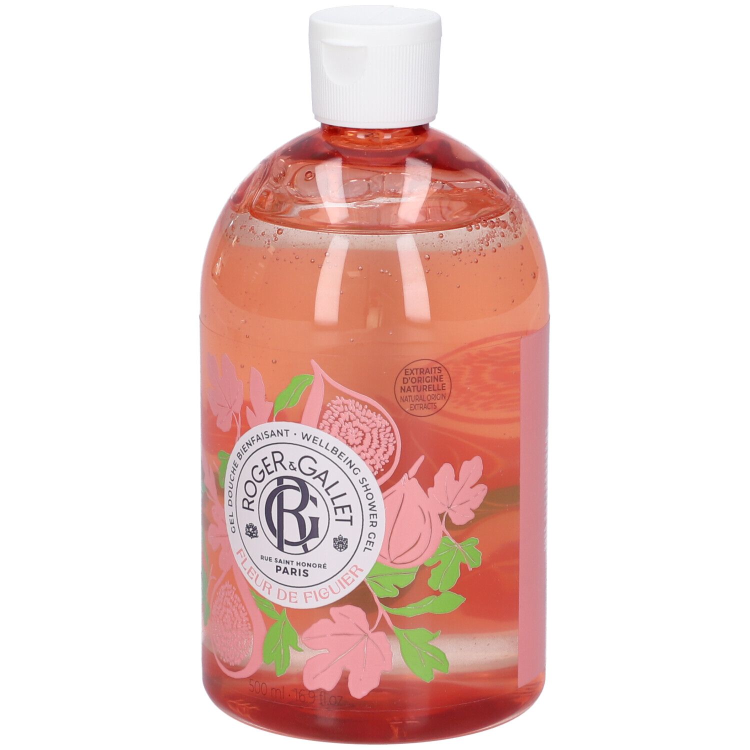 Flacone trasparente rotondo, liquido rosa. Tappo bianco. Etichetta con logo, testo e illustrazioni di fichi.