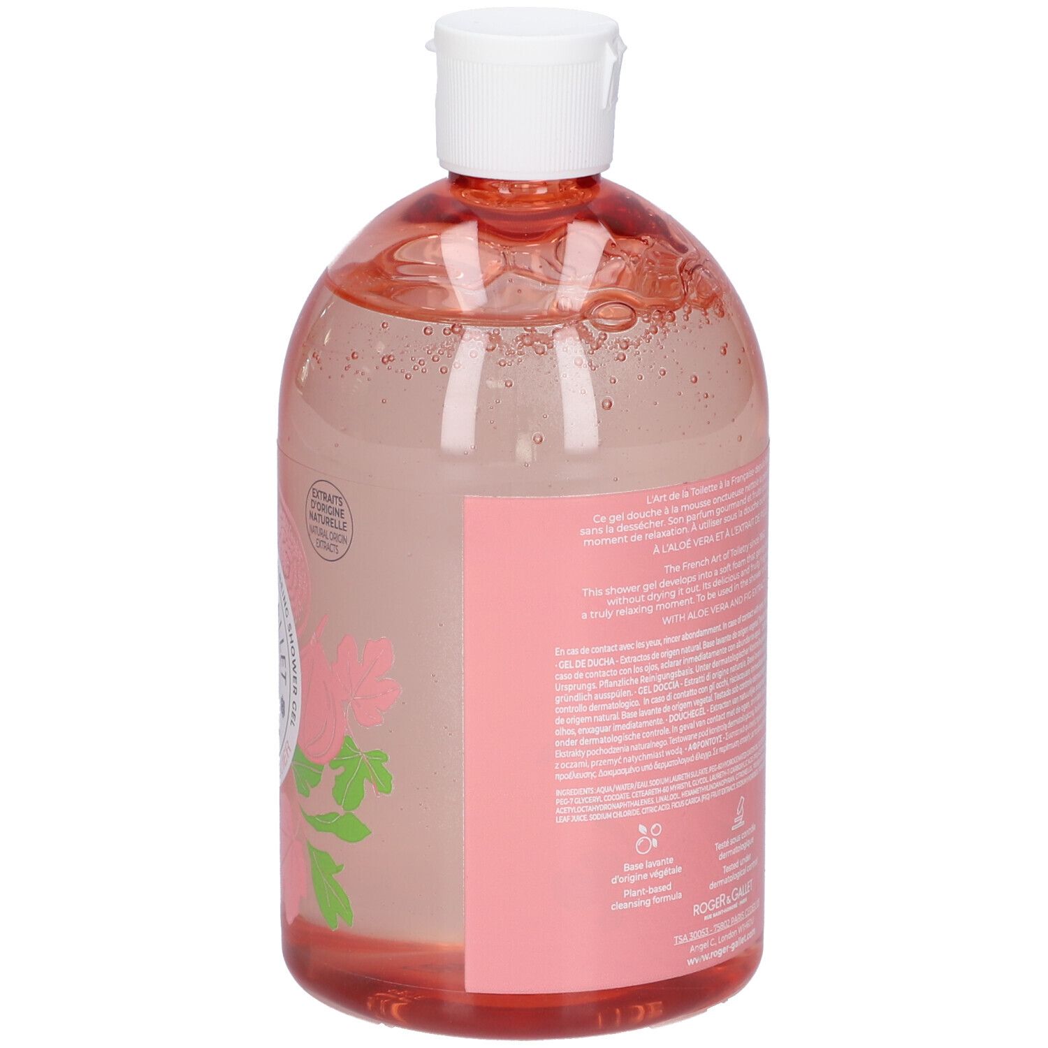 Flacone trasparente con liquido rosa. Etichetta con testo. Tappo bianco.