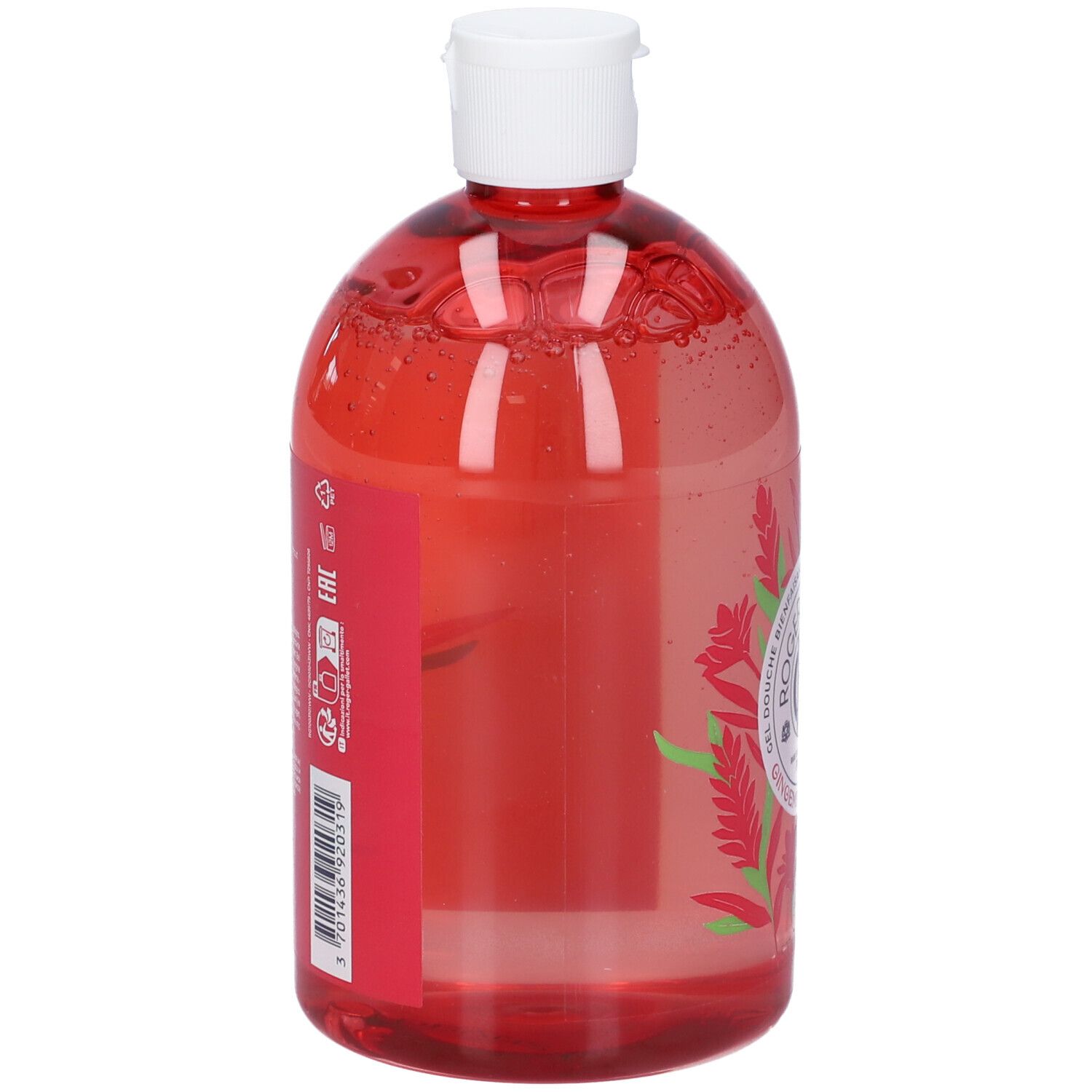 Flacone ovale rosso con tappo bianco, vista laterale. Etichetta con testo e codice a barre.