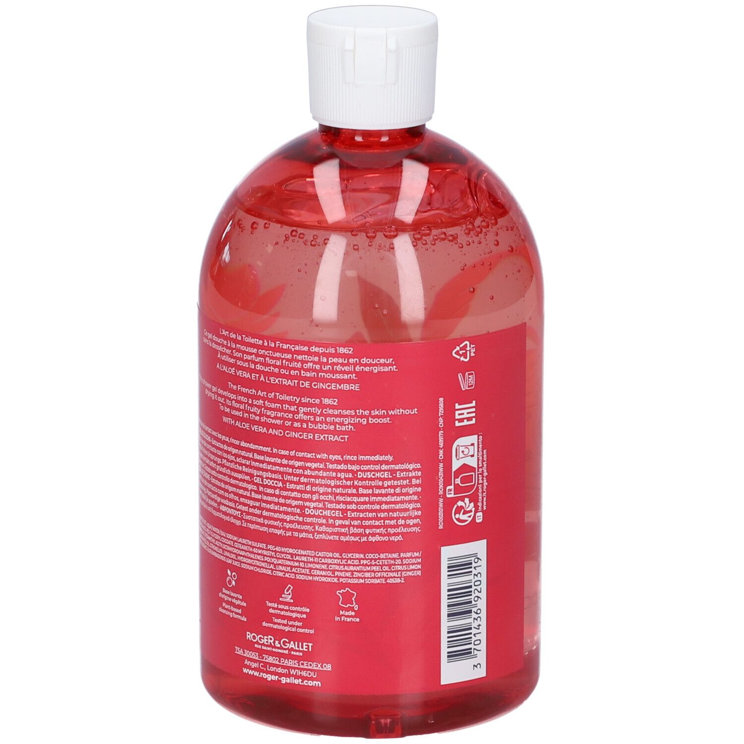 Flacone ovale rosso con tappo bianco. Retro con testo e loghi. Codice a barre.