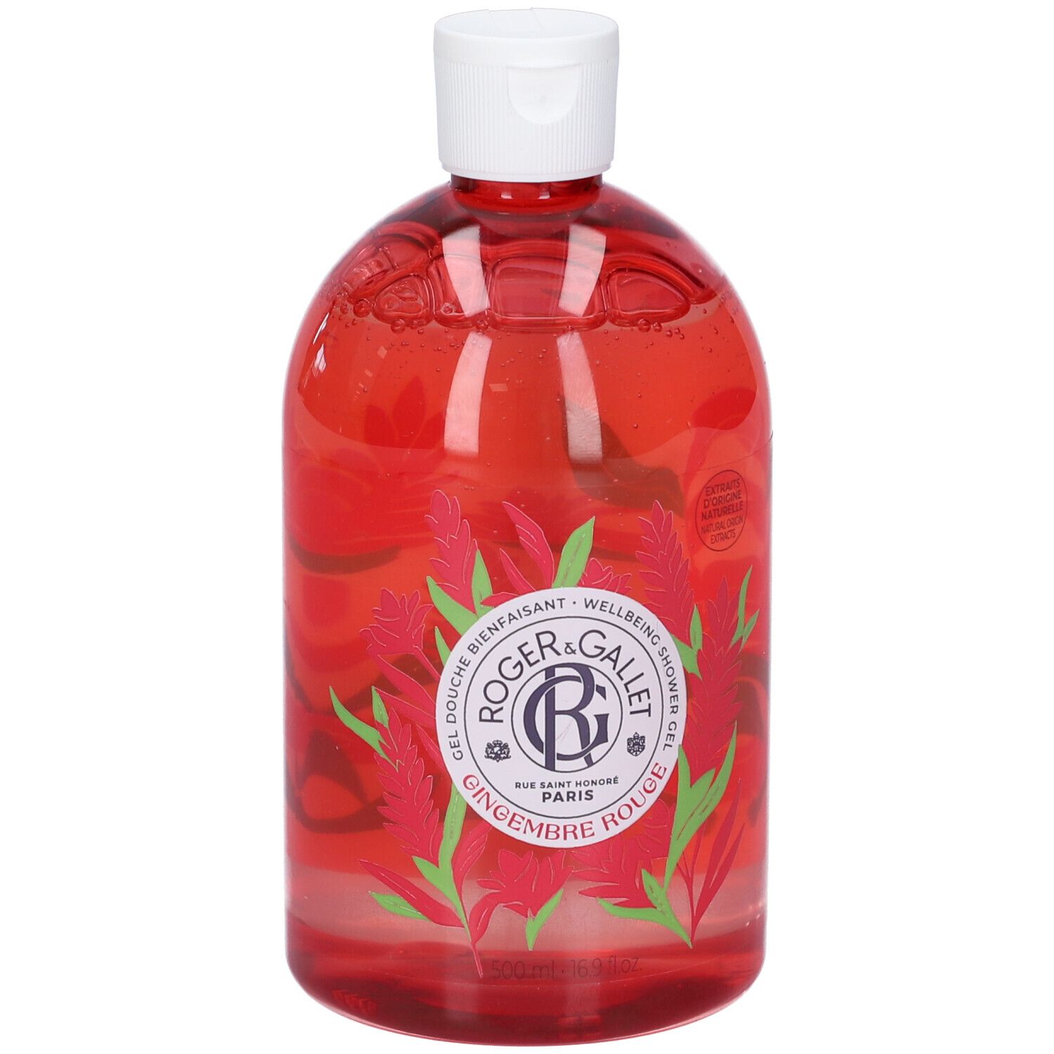 Flacone ovale rosso con tappo bianco. Scritta: Roger & Gallet, Gingembre Rouge. Design floreale.
